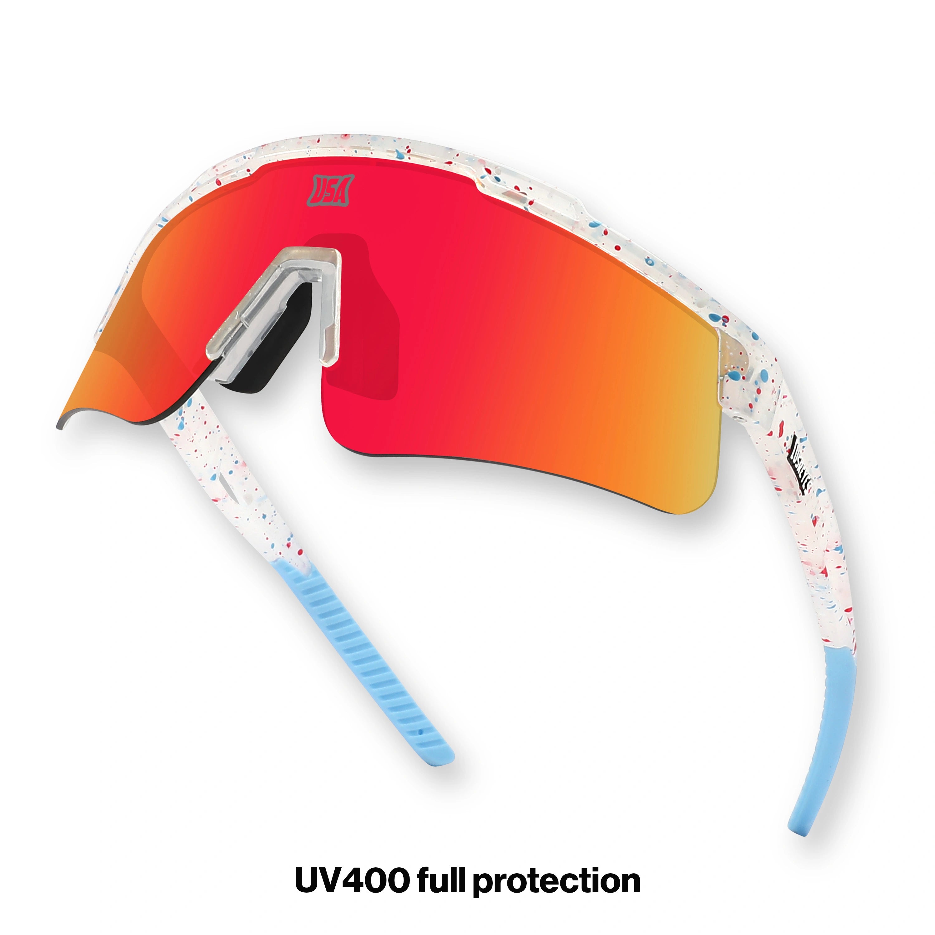 LOSREYES Prime USA 250 Limited Edition sunglasses with white red and blue speckle frame, red mirror lens, and light blue tips, top down angle view