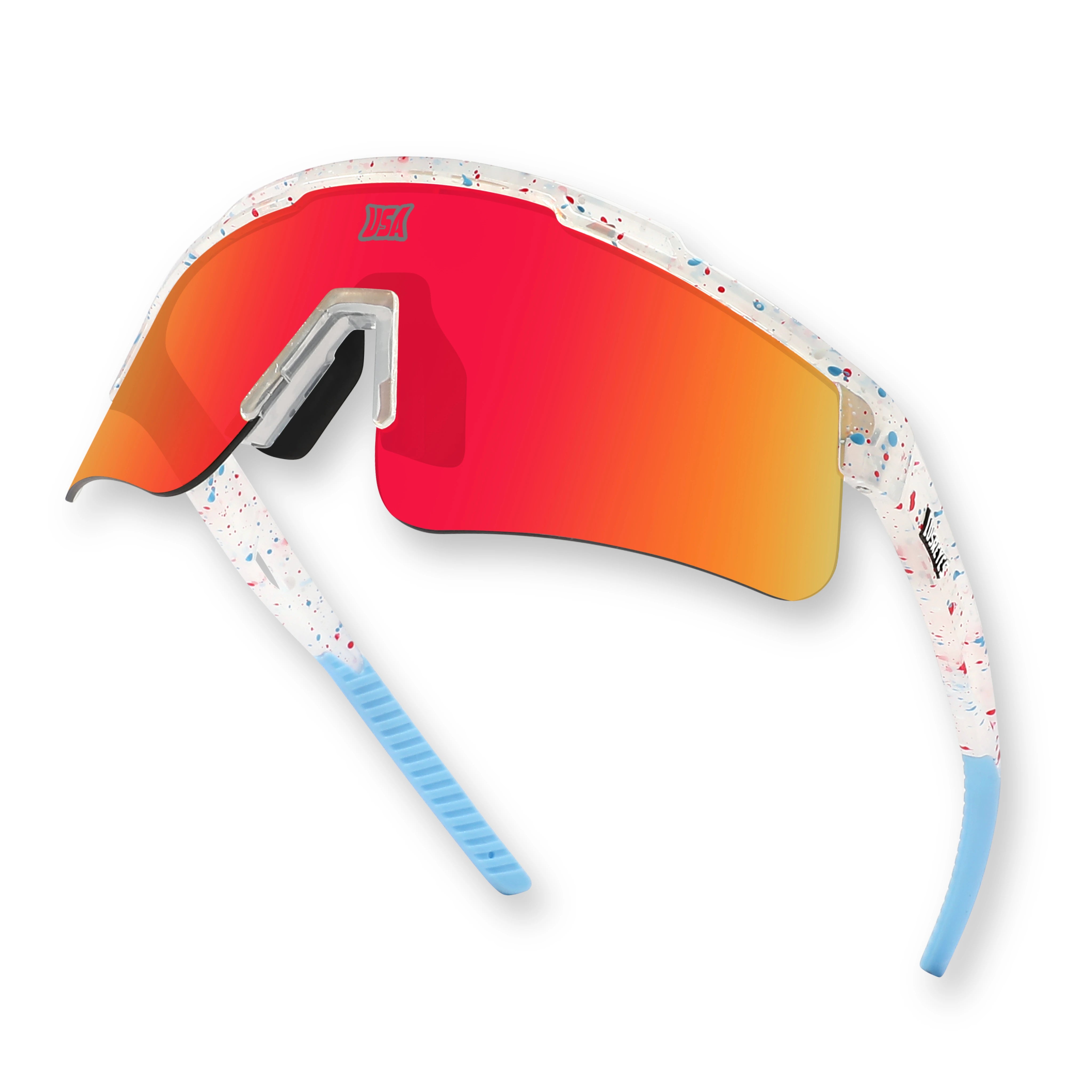 LOSREYES Prime USA 250 Limited Edition sunglasses with white red and blue speckle frame, red mirror lens, and light blue tips, top down angle view