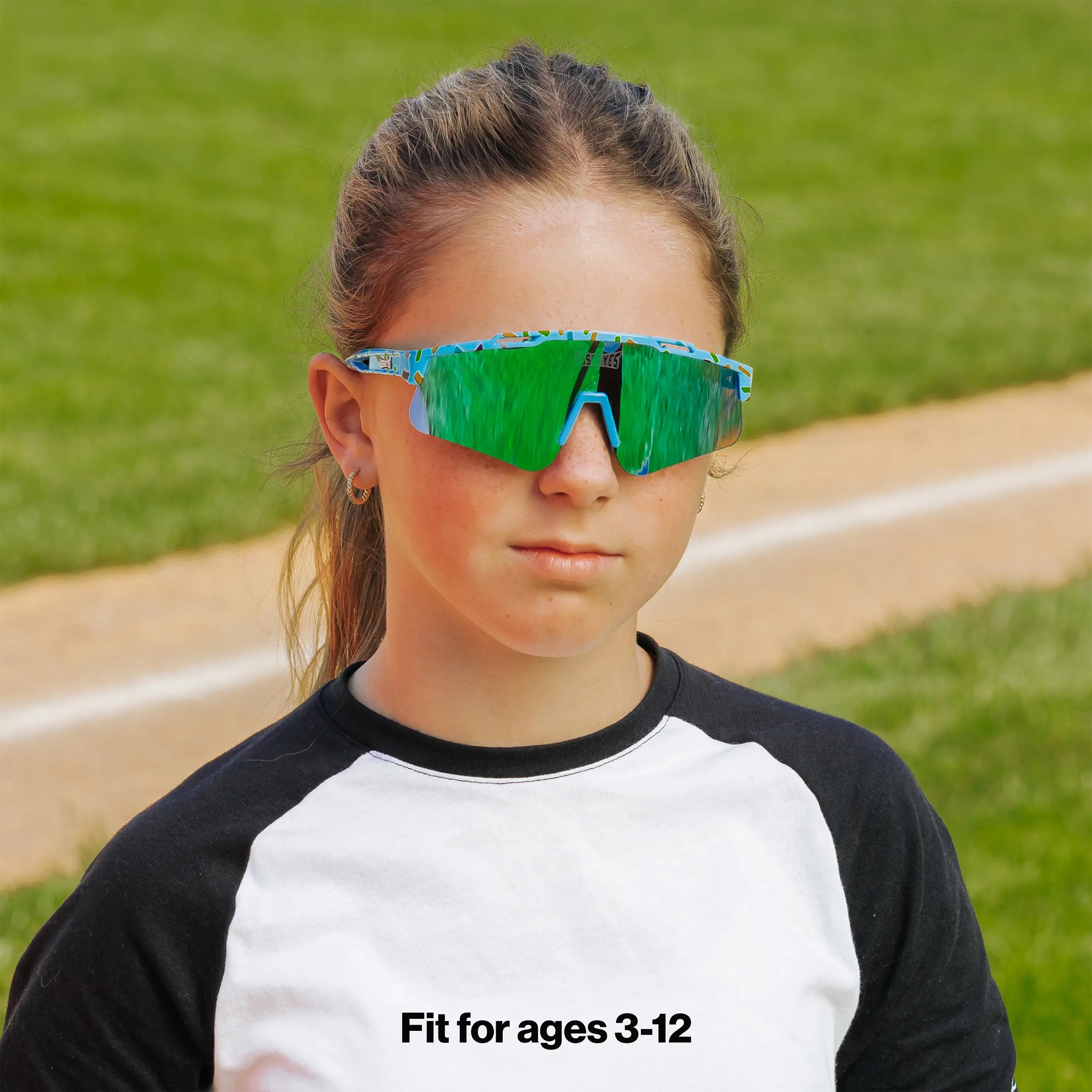 LosReyes PrimeYouth Candy Collection "Cream Blue" youth sunglasses with UV400 protection on baseball field