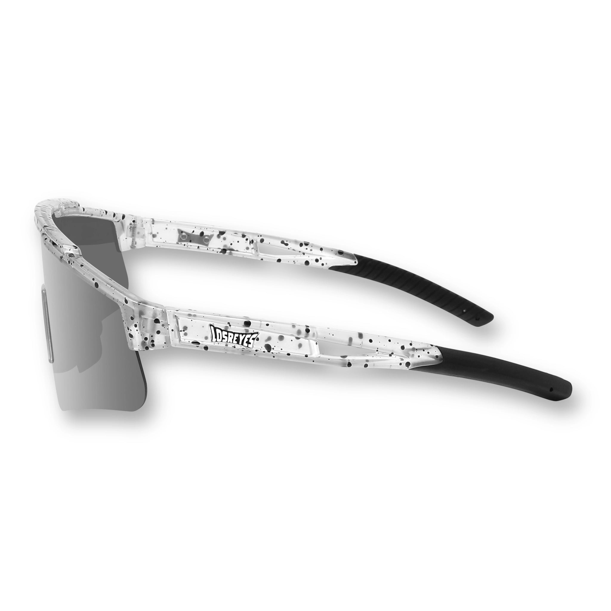 Side view of LosReyes Prime Youth Cookie kids’ sports sunglasses with black and white speckled arms, UV400 shield lens, and lightweight ergonomic frame for youth athletes.