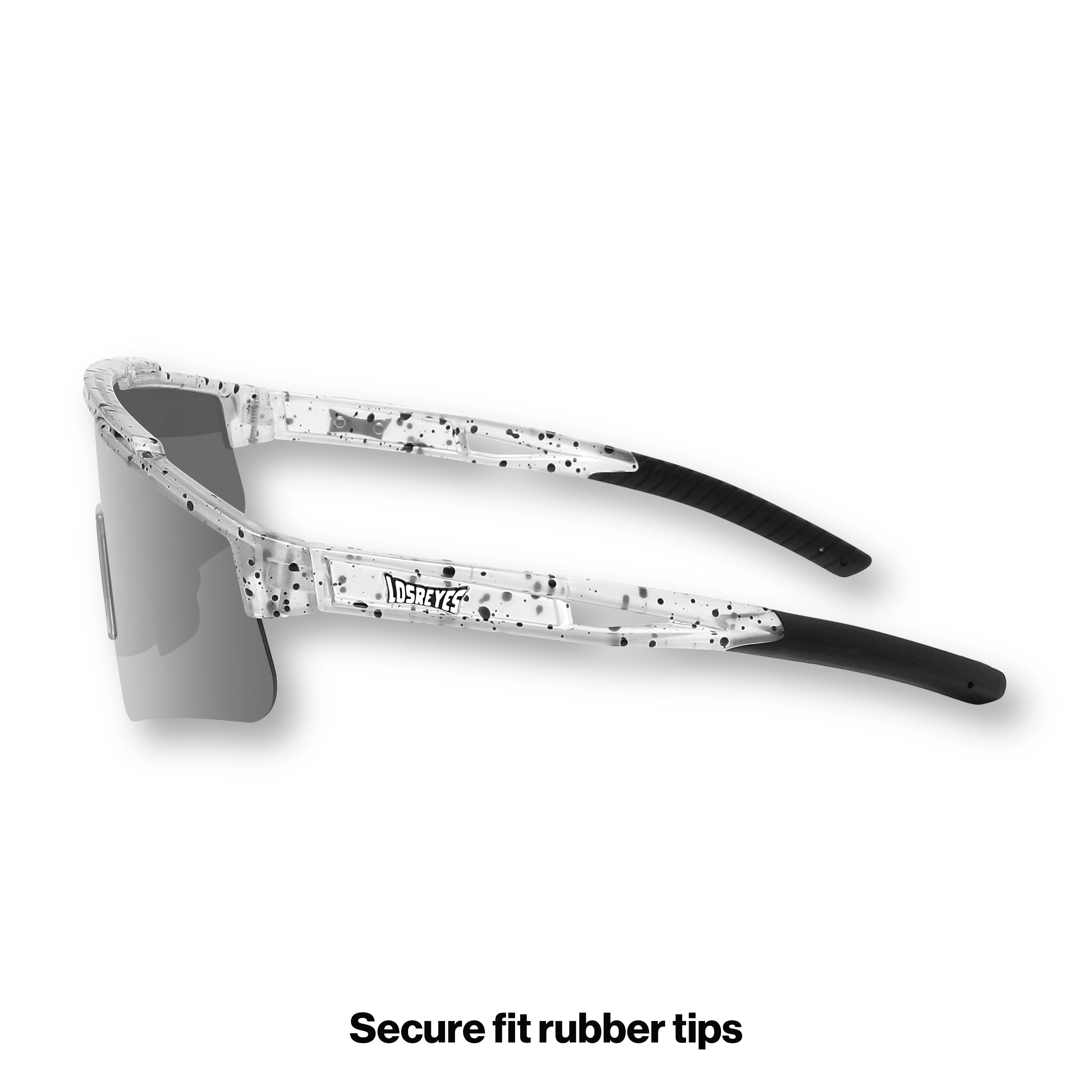 Side view of LosReyes Prime Youth Cookie kids’ sports sunglasses with black and white speckled arms, UV400 shield lens, and lightweight ergonomic frame for youth athletes.