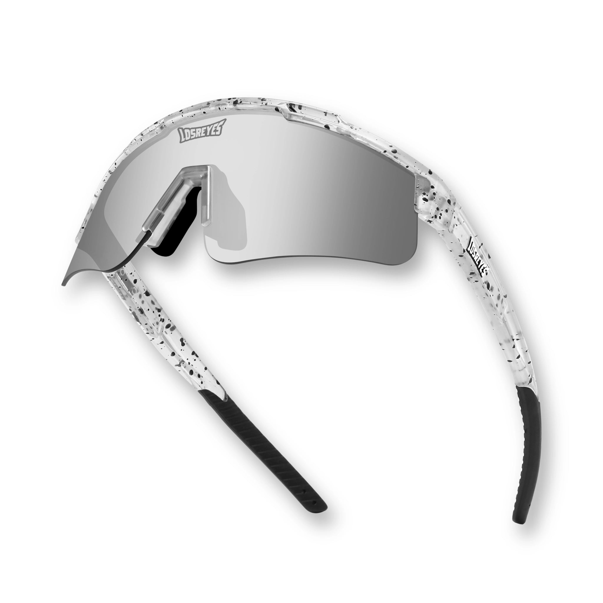 Hero view of LosReyes Prime Youth Cookie mirrored performance sports sunglasses with UV400 protection, lightweight speckled frame, and wide wraparound coverage for kids.