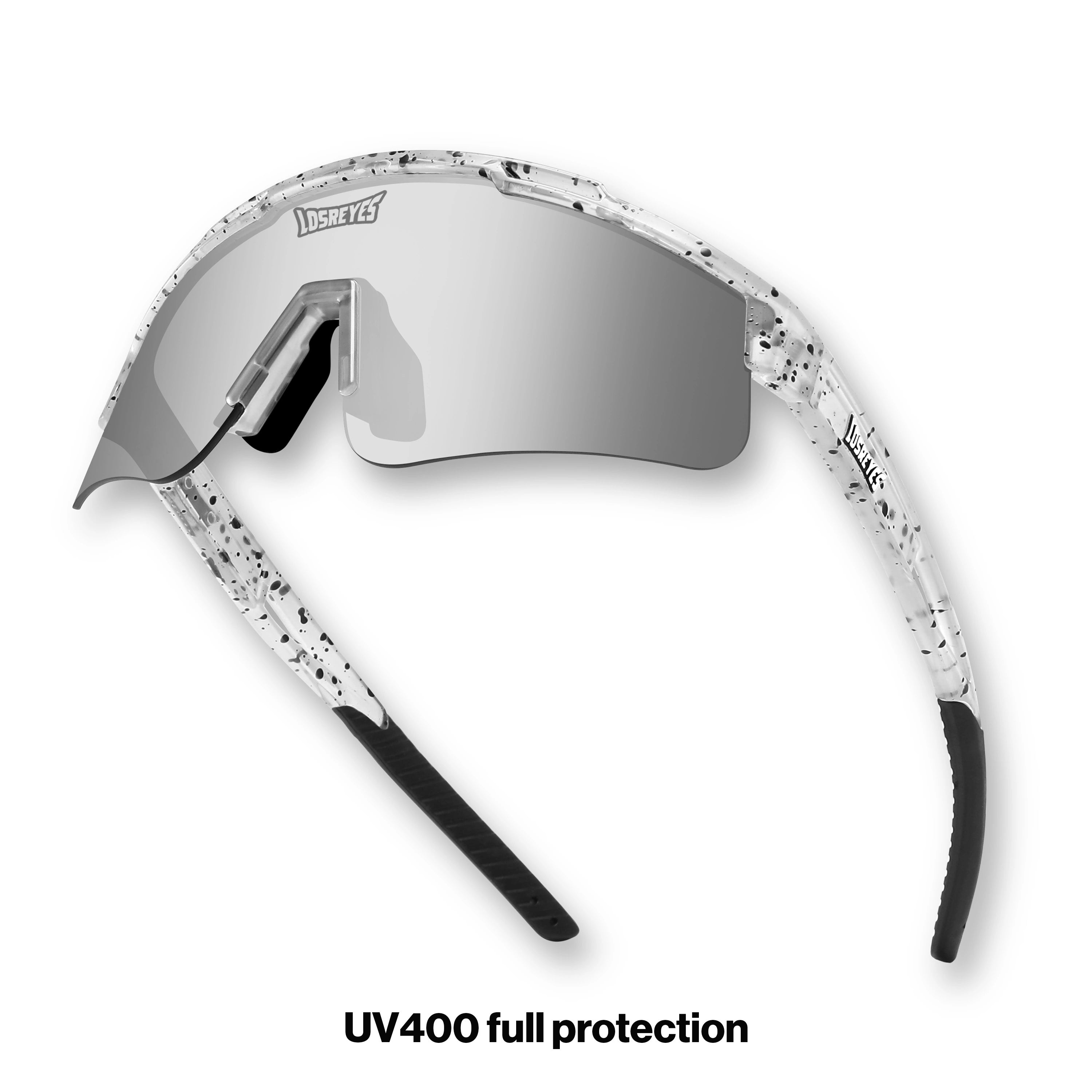 Hero view of LosReyes Prime Youth Cookie mirrored performance sports sunglasses with UV400 protection, lightweight speckled frame, and wide wraparound coverage for kids.