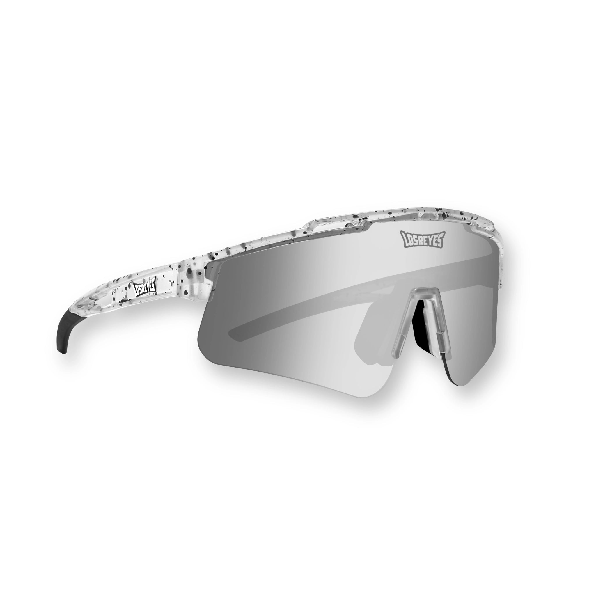 Side hero view of LosReyes Prime Youth Cookie sports sunglasses featuring a white speckled frame, silver mirrored shield lens, and UV400 wraparound design for athletic youth performance and stylish protection