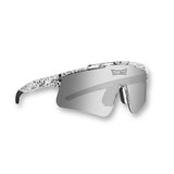 Side hero view of LosReyes Prime Youth Cookie sports sunglasses featuring a white speckled frame, silver mirrored shield lens, and UV400 wraparound design for athletic youth performance and stylish protection