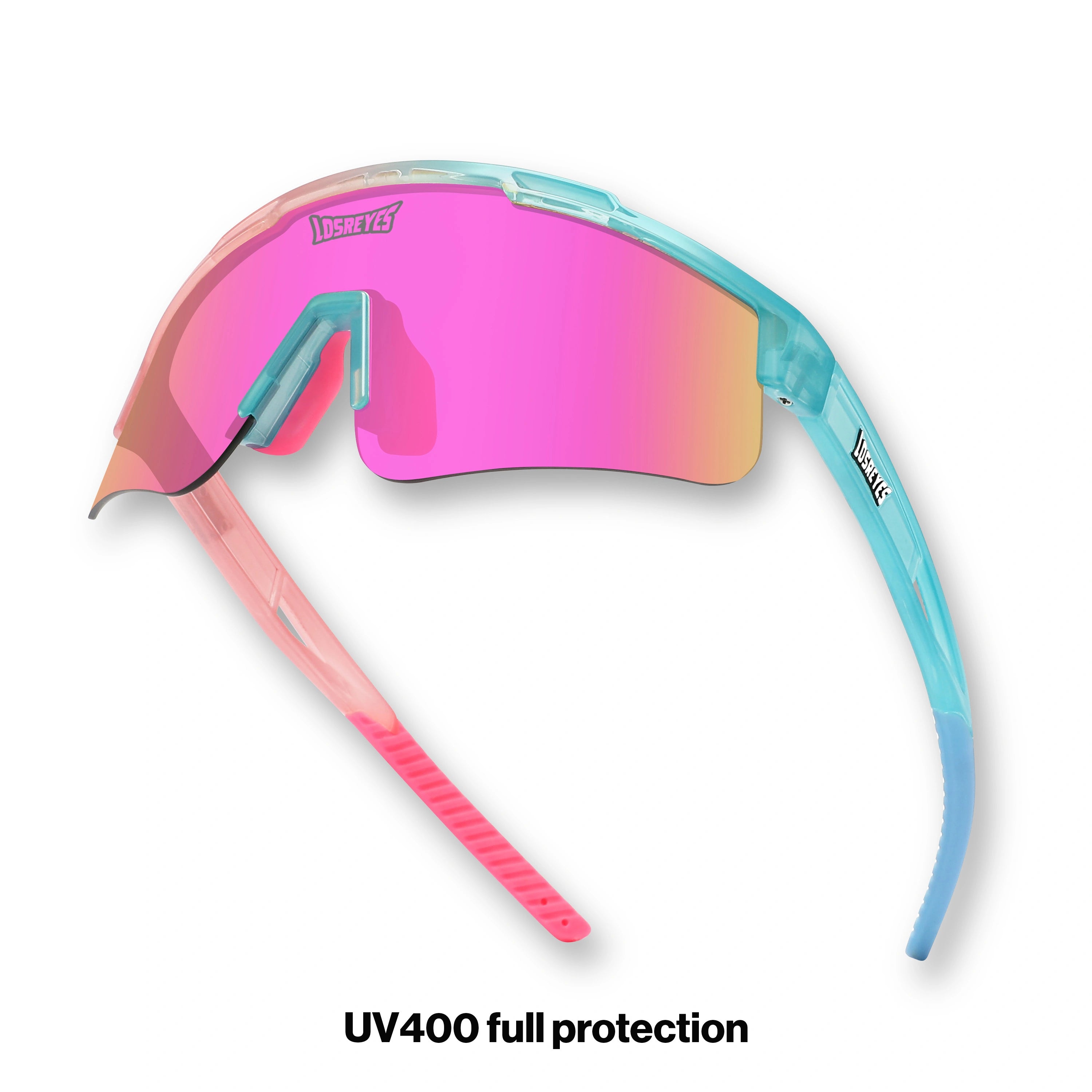 Hero angle of LosReyes Prime Youth Cotton Candy pink mirrored performance sports sunglasses with wraparound fit, UV400 protection, and lightweight shield lens for youth athletes.