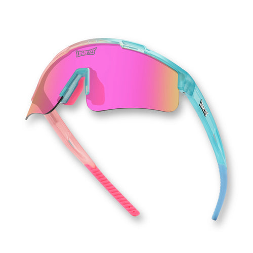 Hero angle of LosReyes Prime Youth Cotton Candy pink mirrored performance sports sunglasses with wraparound fit, UV400 protection, and lightweight shield lens for youth athletes.