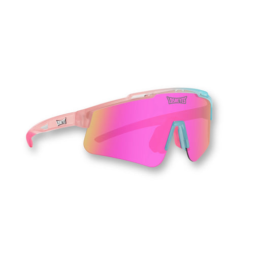 Side hero angle of LosReyes Prime Youth Cotton Candy sunglasses with a pink and blue frame, vibrant mirrored shield lens, and UV400 protection — designed for active kids, youth sports, and standout athletic fashion