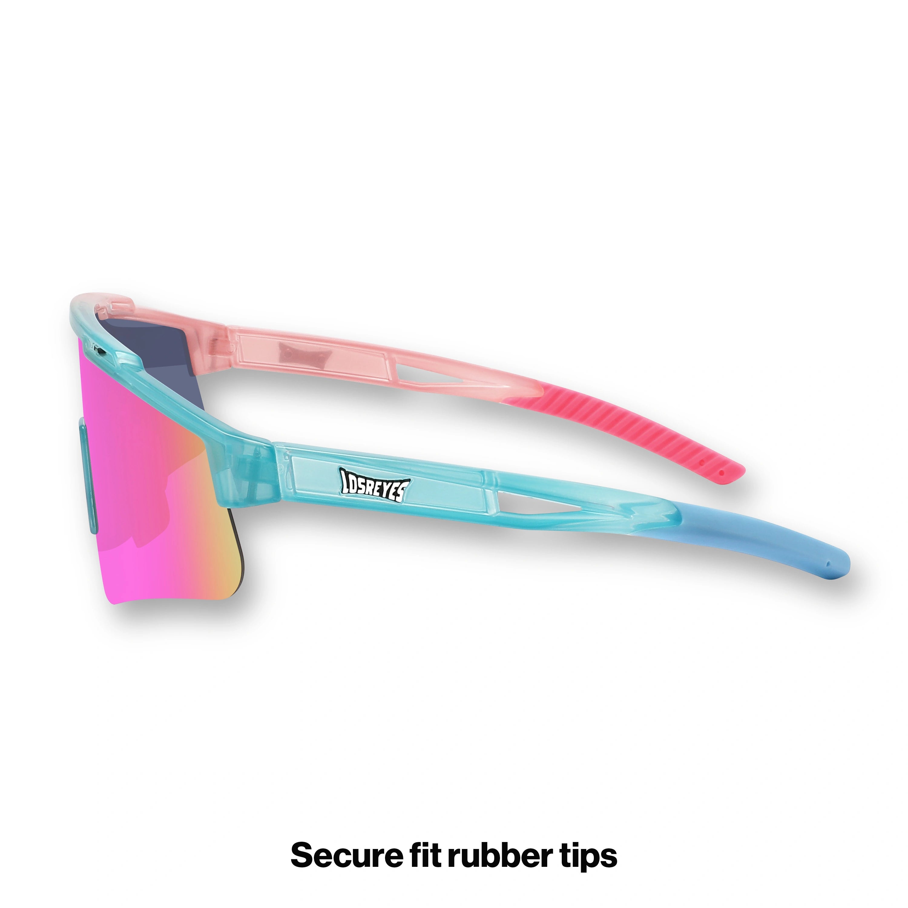 Side view of LosReyes Prime Youth Cotton Candy wraparound sports sunglasses for kids, featuring UV400 mirrored lens, lightweight comfort fit, and aerodynamic frame design.
