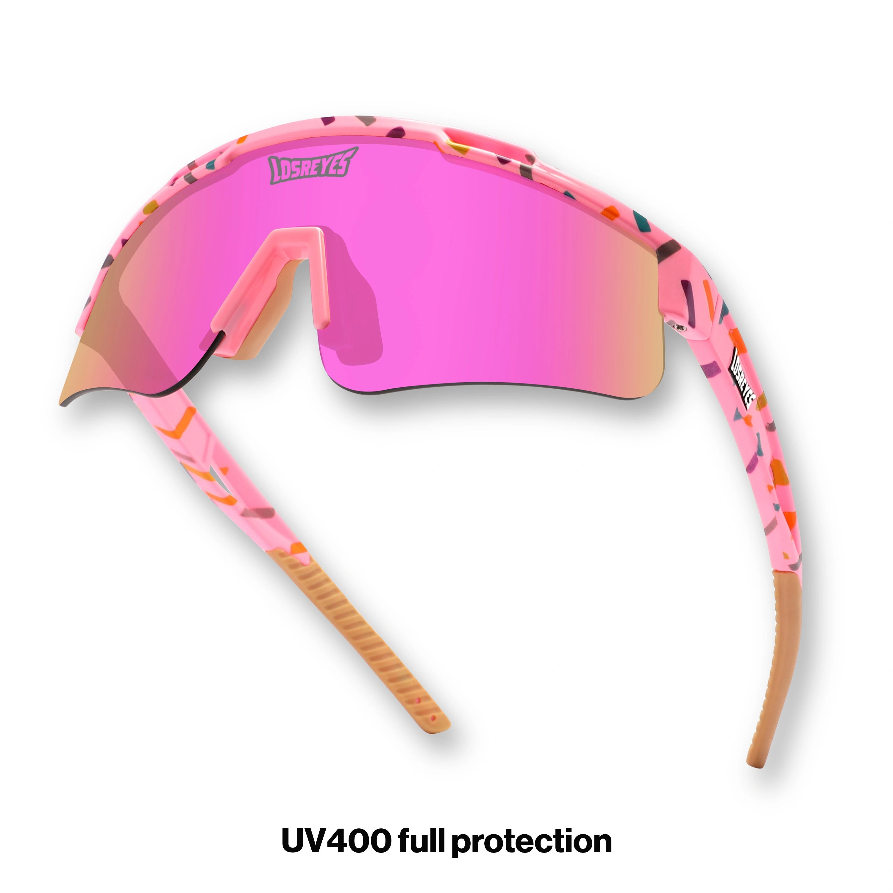 Hero angle of LosReyes Prime Youth Cream performance sunglasses with pink mirror lens, sprinkles-inspired pastel design, UV400 protection, and impact-resistant wraparound shield for kids.