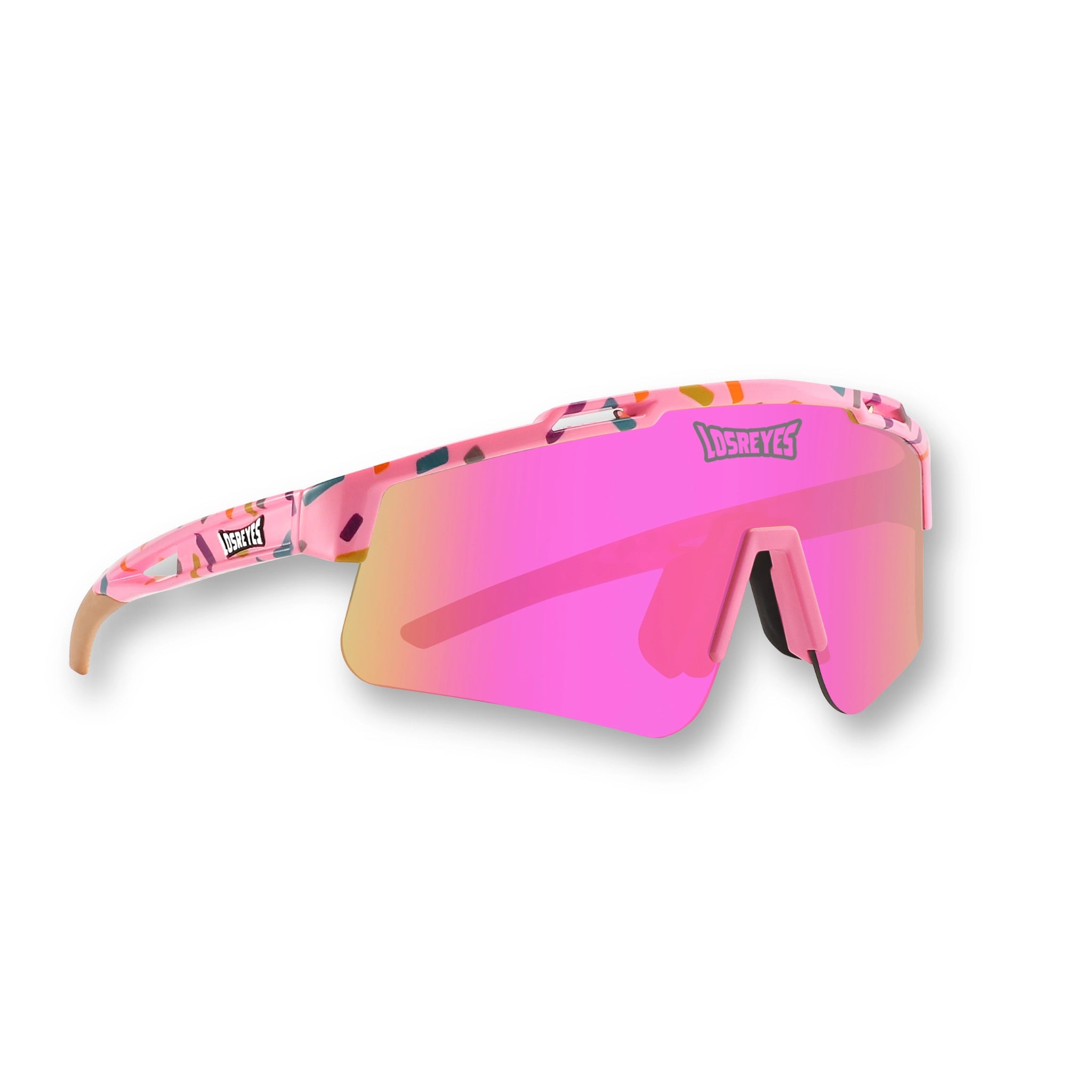 Hero view of LosReyes Prime Youth Cream sunglasses featuring a vibrant pink confetti performance frame and rose gold mirrored shield lens — designed for kids’ athletic style with UV400 protection and bold sportswear appeal