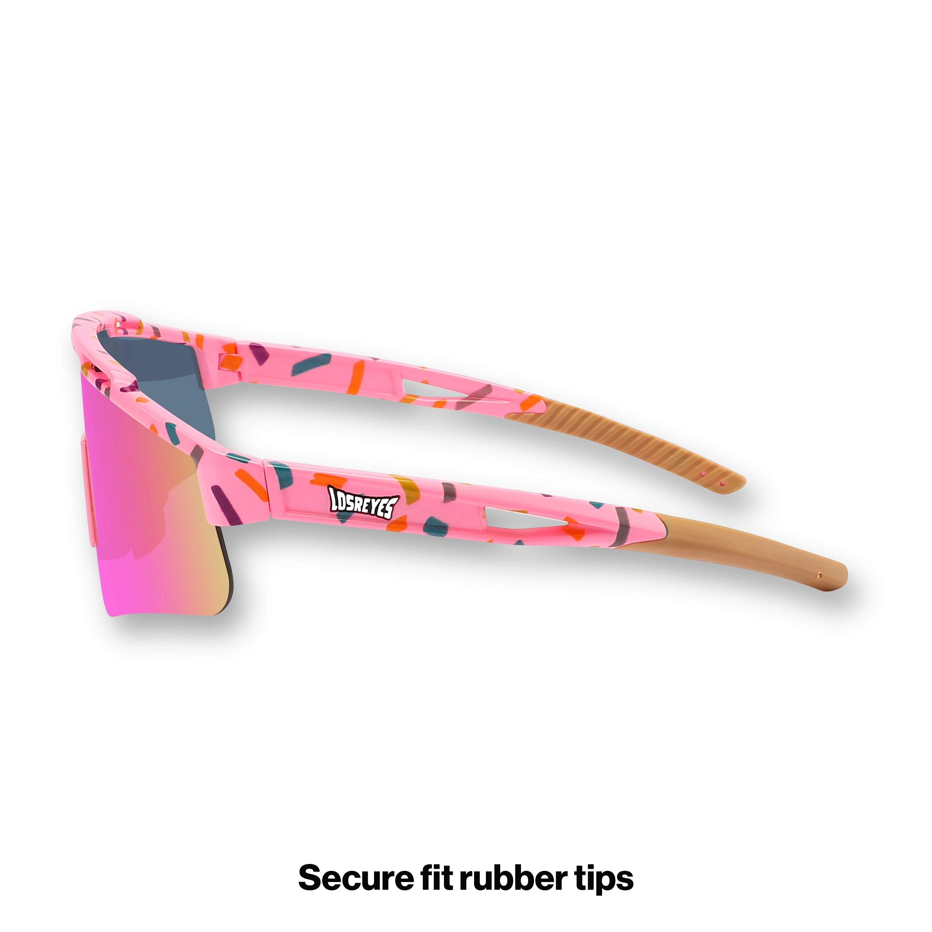 Side view of LosReyes Prime Youth Cream wraparound sunglasses with mirrored pink shield lens, sprinkles-themed pastel frame, and durable UV400 coverage designed for young athletes.