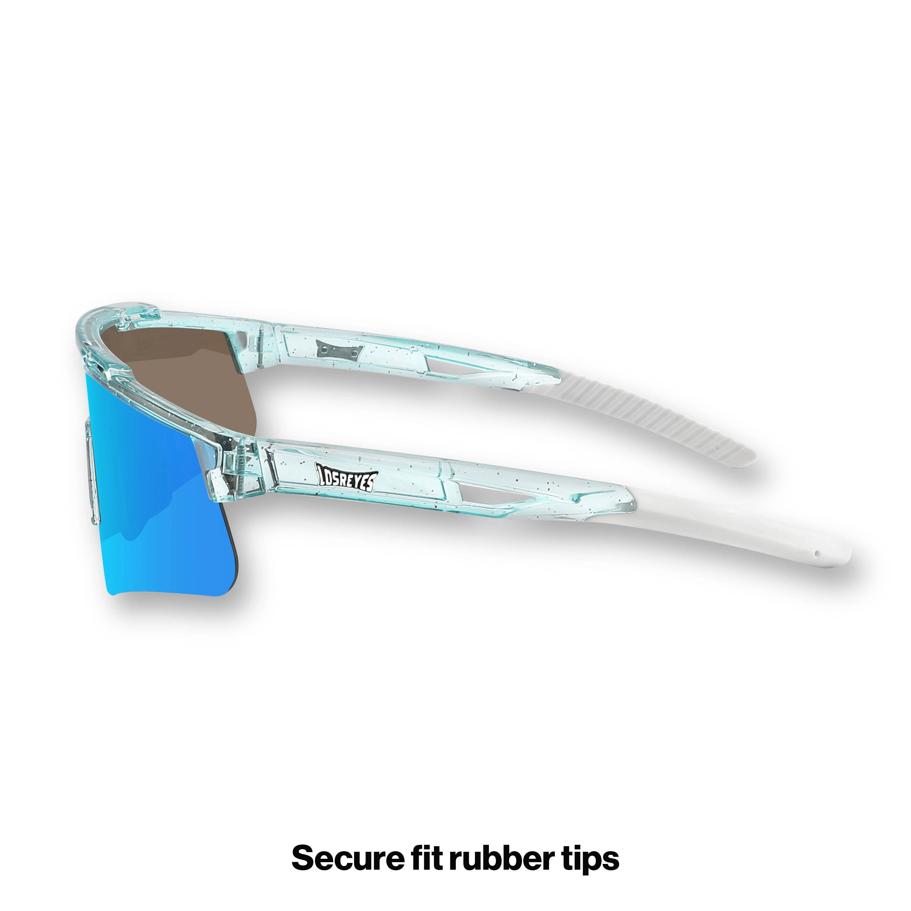 Side view of LosReyes Prime Youth Ice Cube blue shield-lens sports sunglasses showcasing wraparound design, semi-clear icy frame, and high-performance UV400 eye protection.