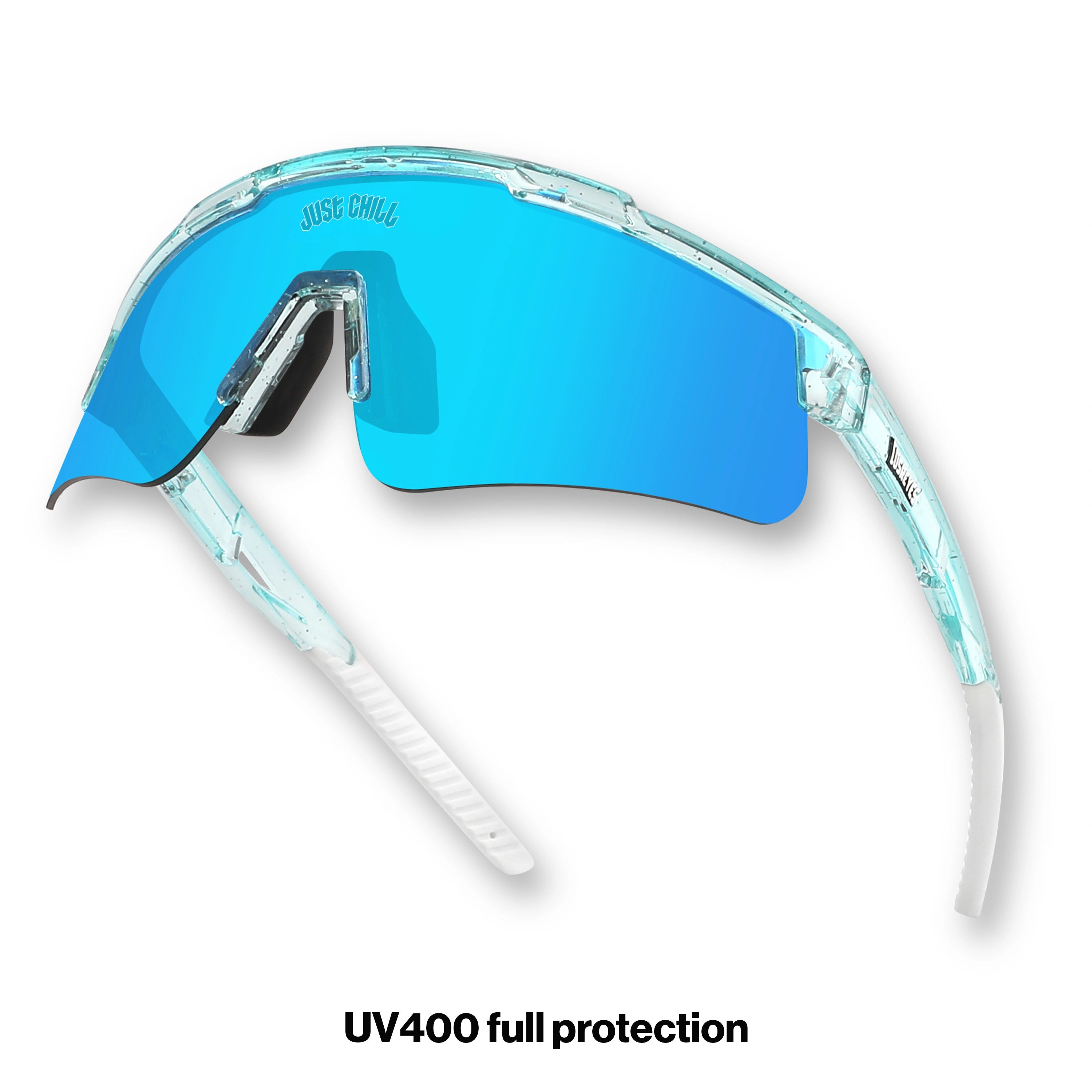 Hero angle of LosReyes Prime Youth Ice Cube performance sunglasses with blue wraparound mirrored shield lenses, translucent ice-blue frame, and full-spectrum UV400 protection.