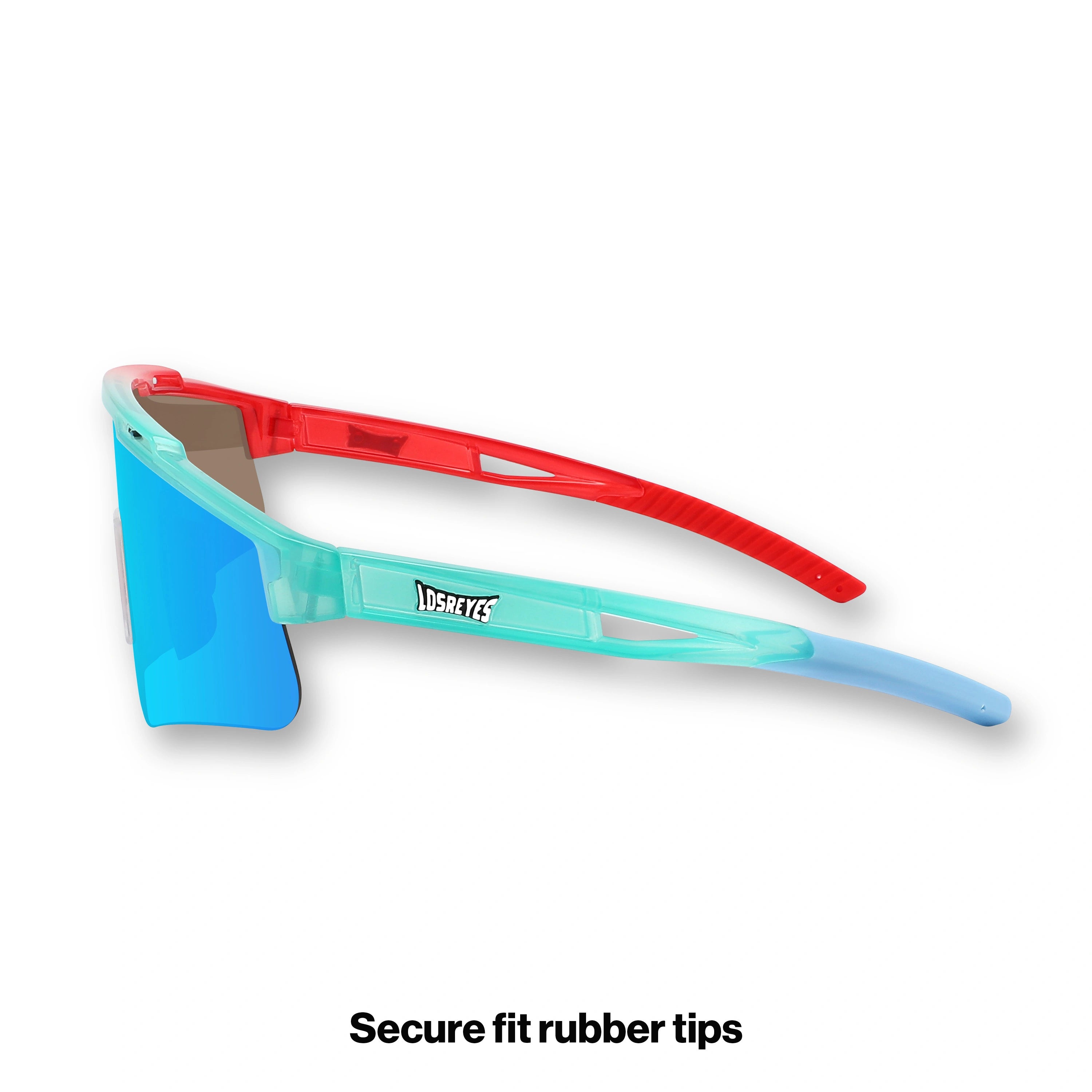 Side view of LosReyes Prime Youth Rocket Pop performance sports sunglasses with red and aqua wrap frame, wide field mirrored lens, and youth-fit flexible temples built for durability and UV400 defense.