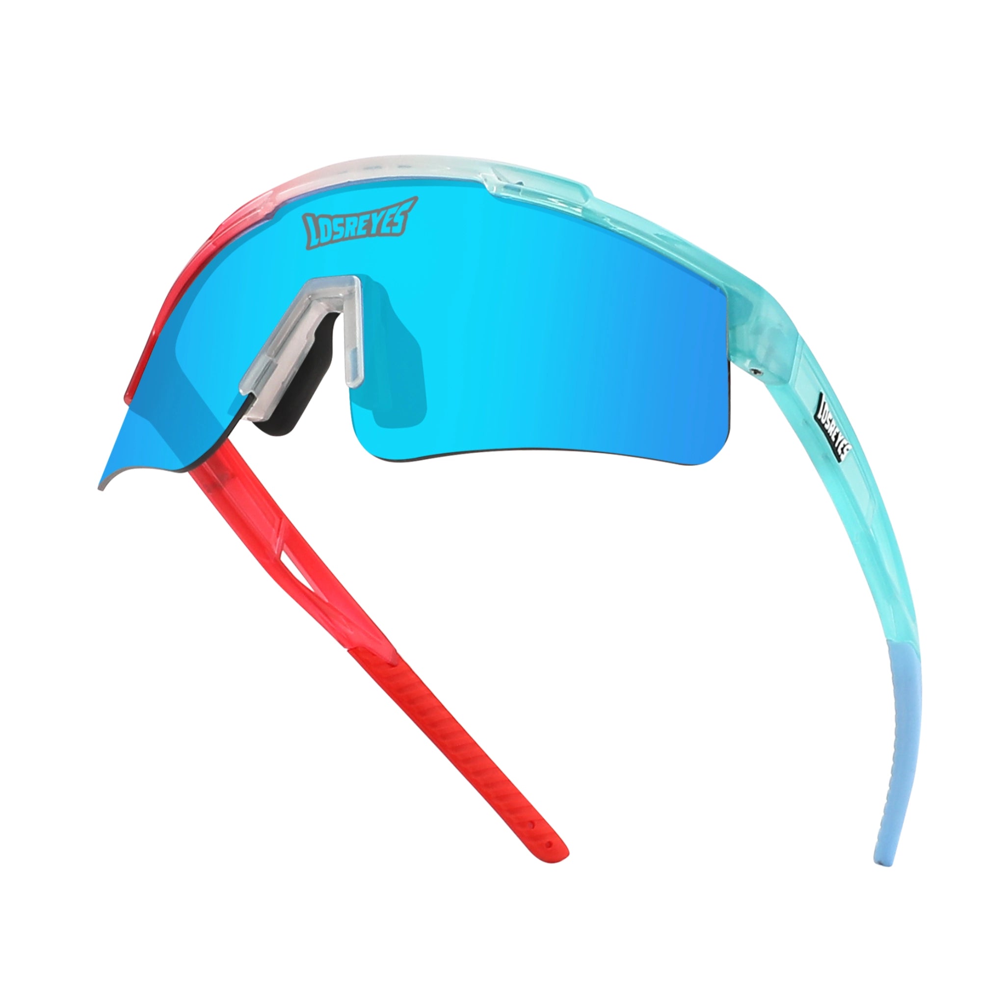 Hero angle of LosReyes Prime Youth Rocket Pop wraparound sports shades with vibrant patriotic colors, mirrored blue lens, ergonomic grip tips, and UV400 sun protection for active kids.