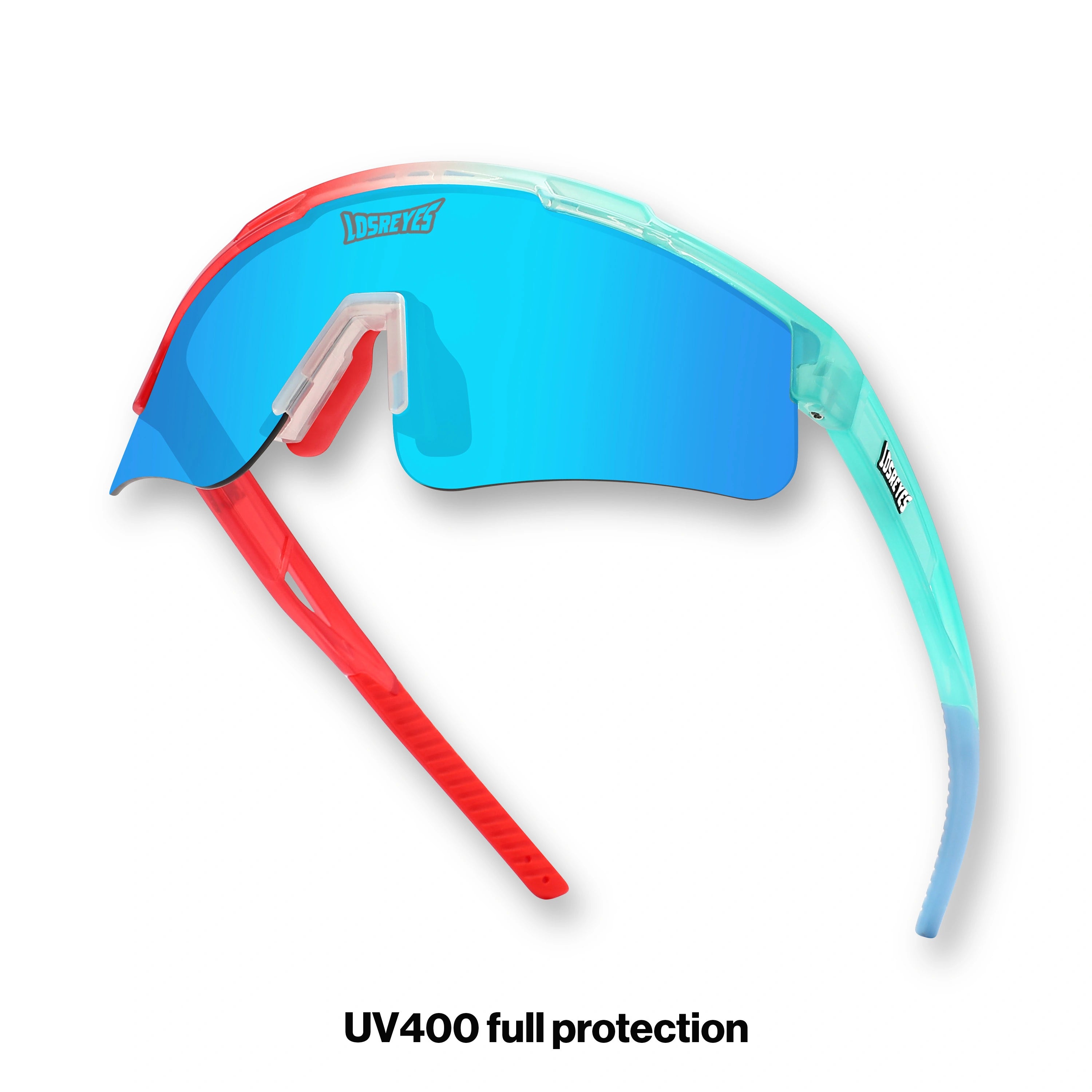 Hero angle of LosReyes Prime Youth Rocket Pop wraparound sports shades with vibrant patriotic colors, mirrored blue lens, ergonomic grip tips, and UV400 sun protection for active kids.
