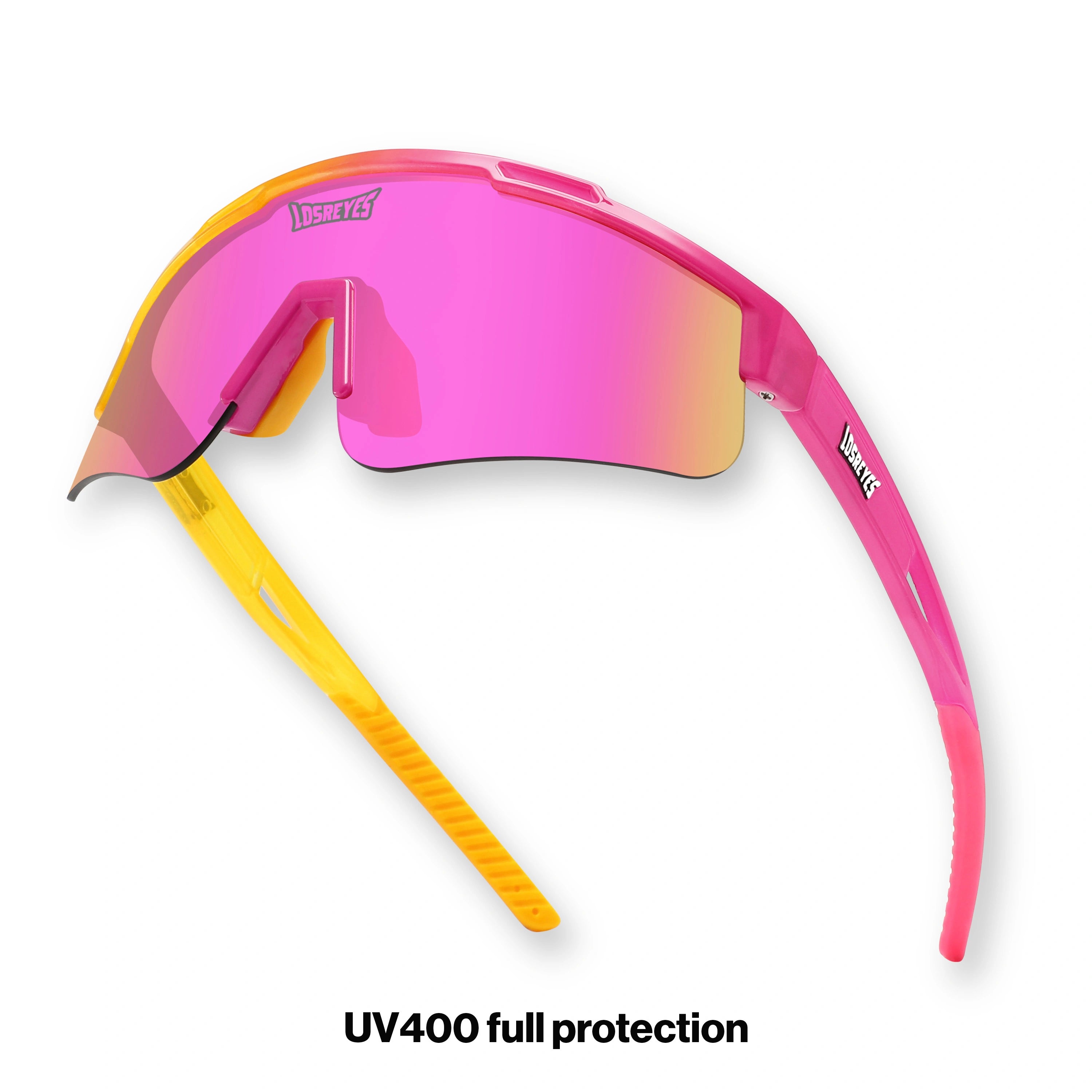 Hero angle of LosReyes Prime Youth Strawberry Banana sunglasses for kids with mirrored pink shield lenses, pink-yellow dual-color frame, and wraparound sports design offering UV400 sun protection