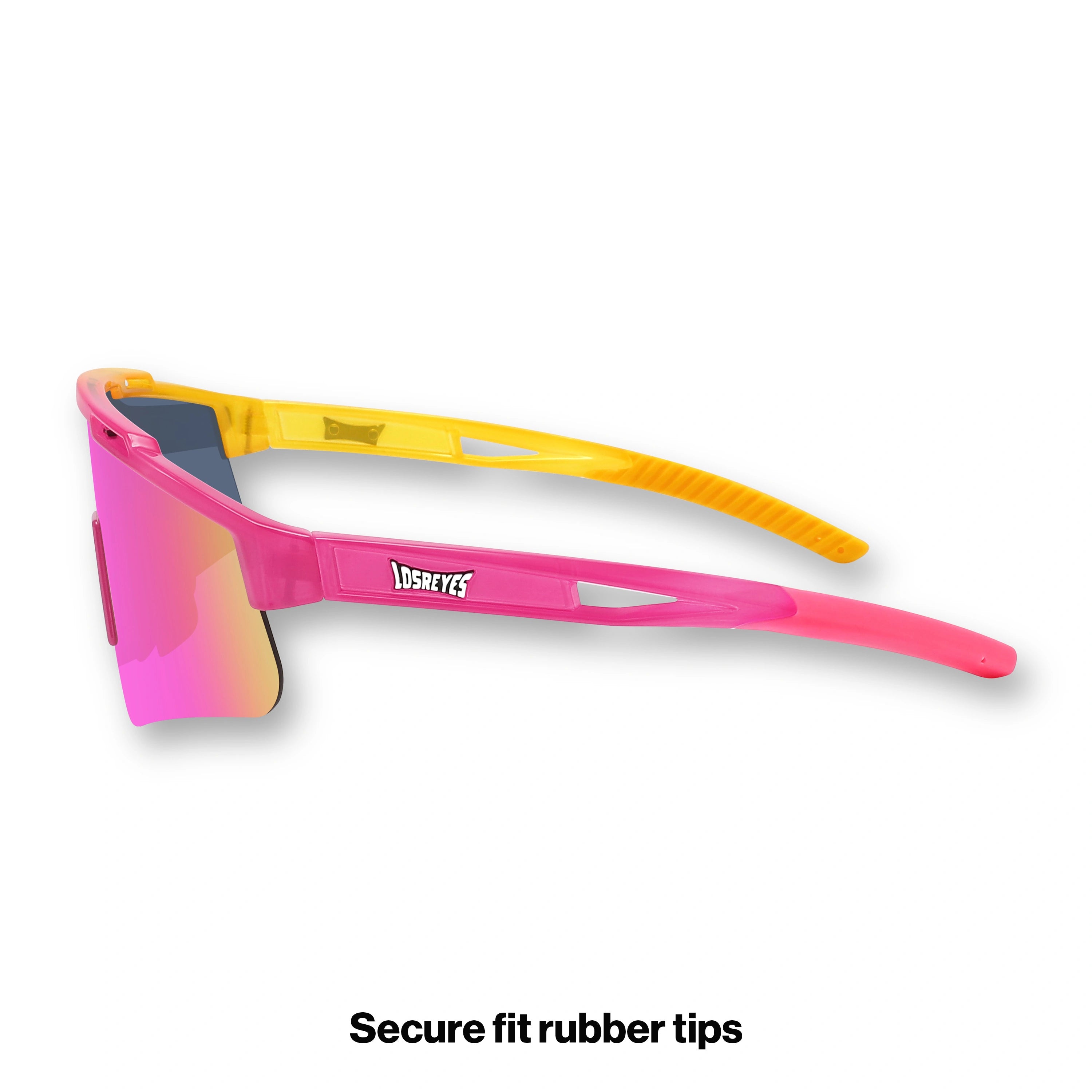 Side view of LosReyes Prime Youth Strawberry Banana sports sunglasses with wraparound pink and yellow frame, mirrored shield lens, and lightweight UV400 protection for active youth