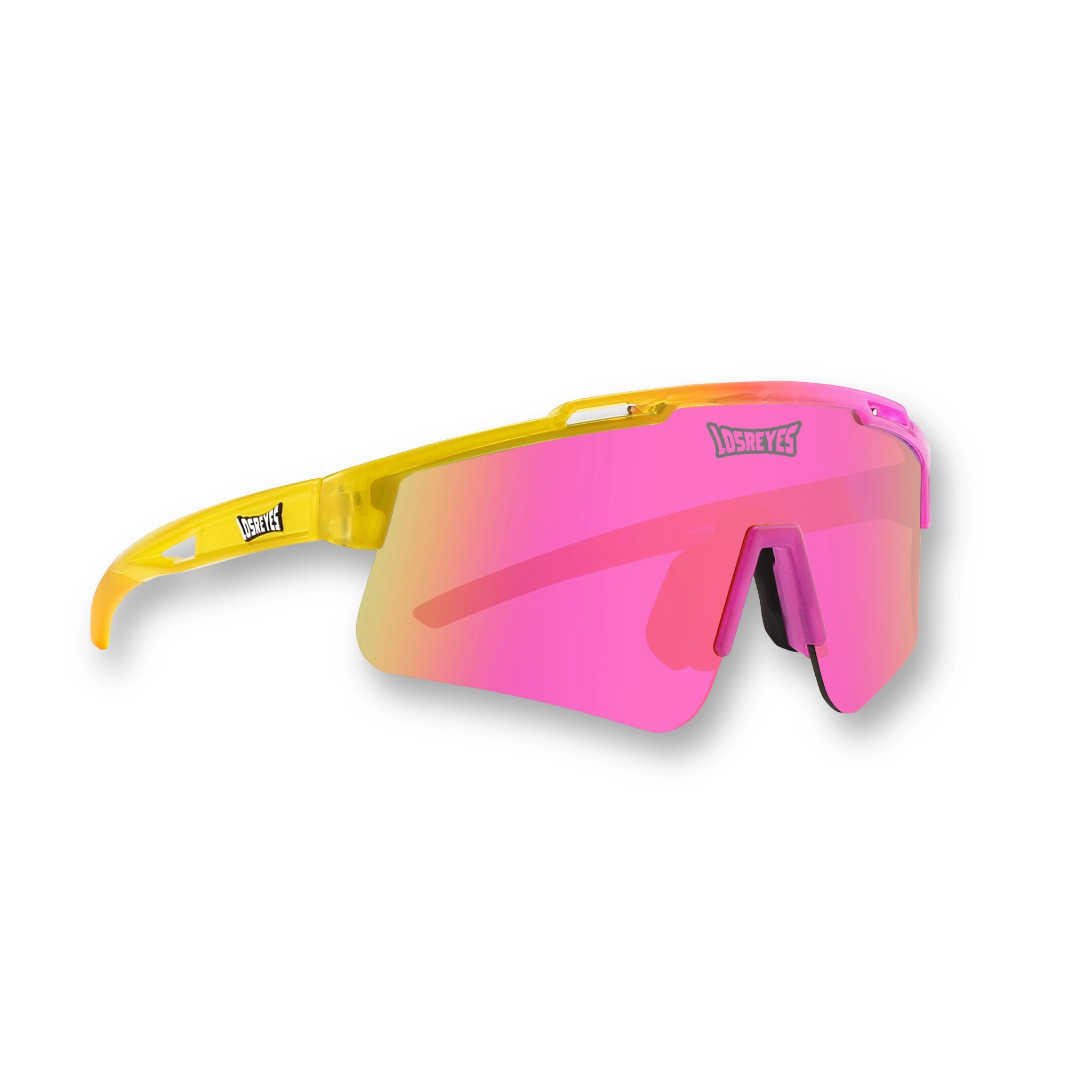 Hero side profile of LosReyes Prime Youth Strawberry Banana Split sunglasses featuring pink mirrored shield lens, translucent yellow wraparound frame, UV400 sun protection, and high-performance athletic design perfect for youth baseball, cycling, and active sports lifestyle