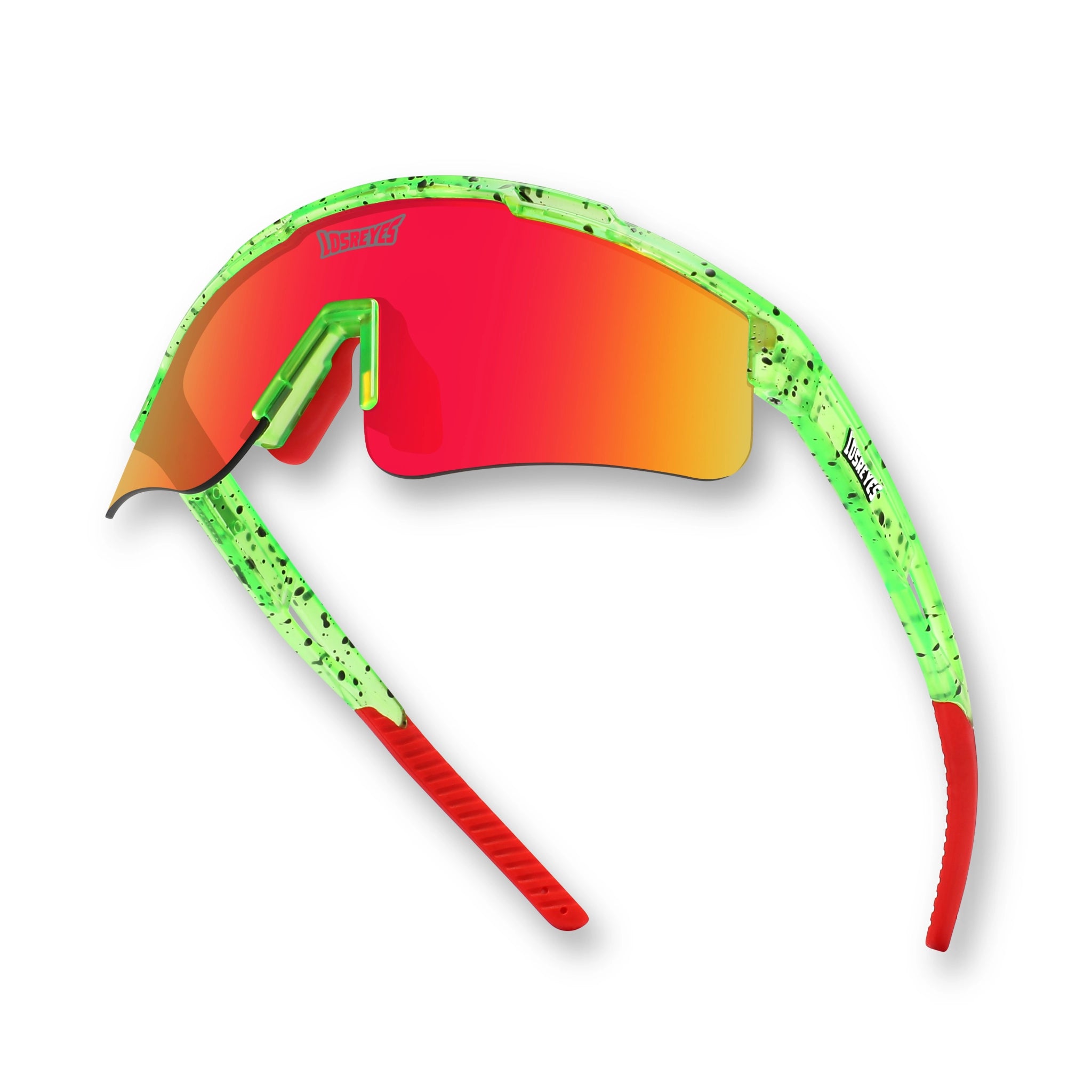 Hero angle of LosReyes Prime Youth Watermelon sports sunglasses with red iridium mirrored shield lens, UV400 protection, and vibrant green splatter frame designed for youth athletic performance.