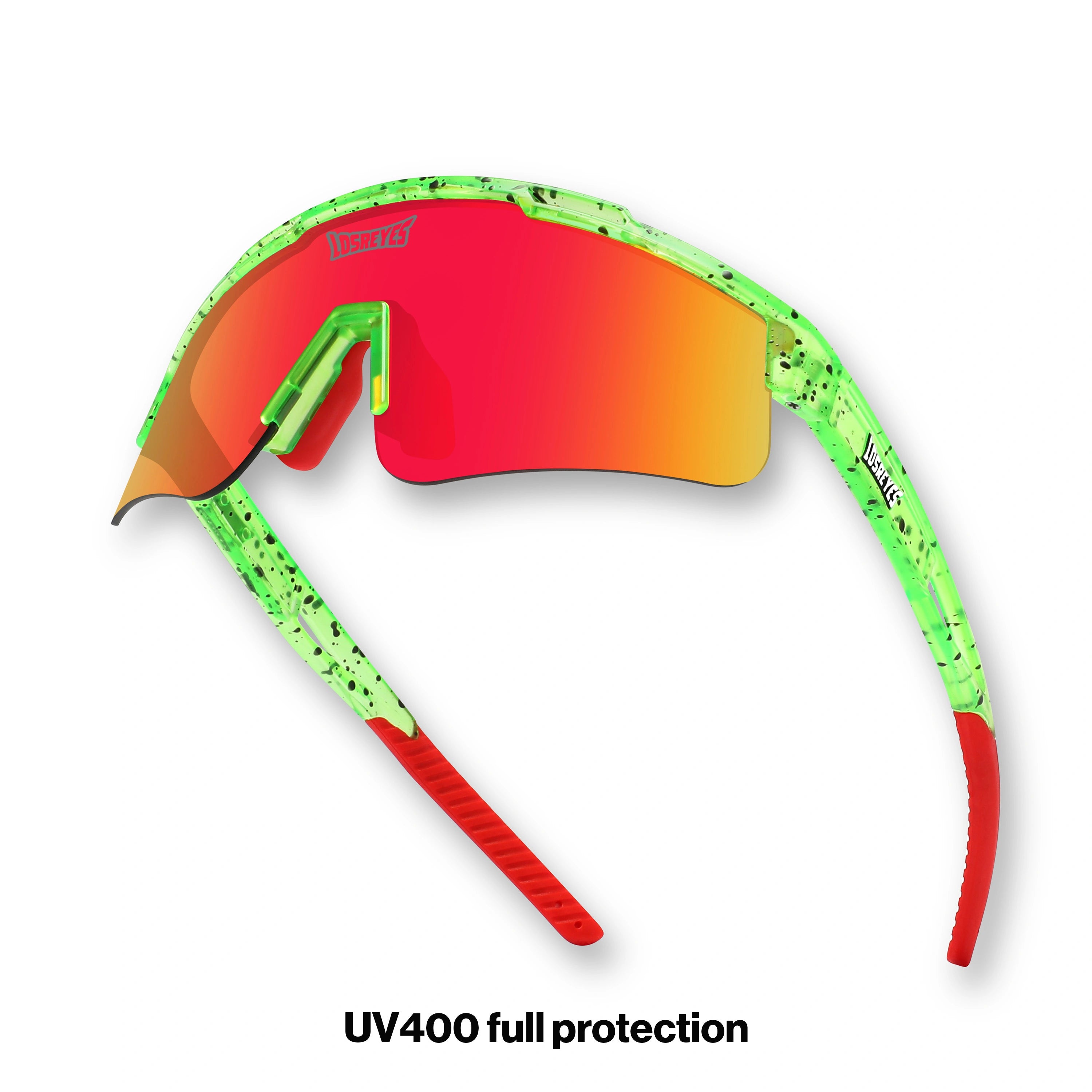 Hero angle of LosReyes Prime Youth Watermelon sports sunglasses with red iridium mirrored shield lens, UV400 protection, and vibrant green splatter frame designed for youth athletic performance.