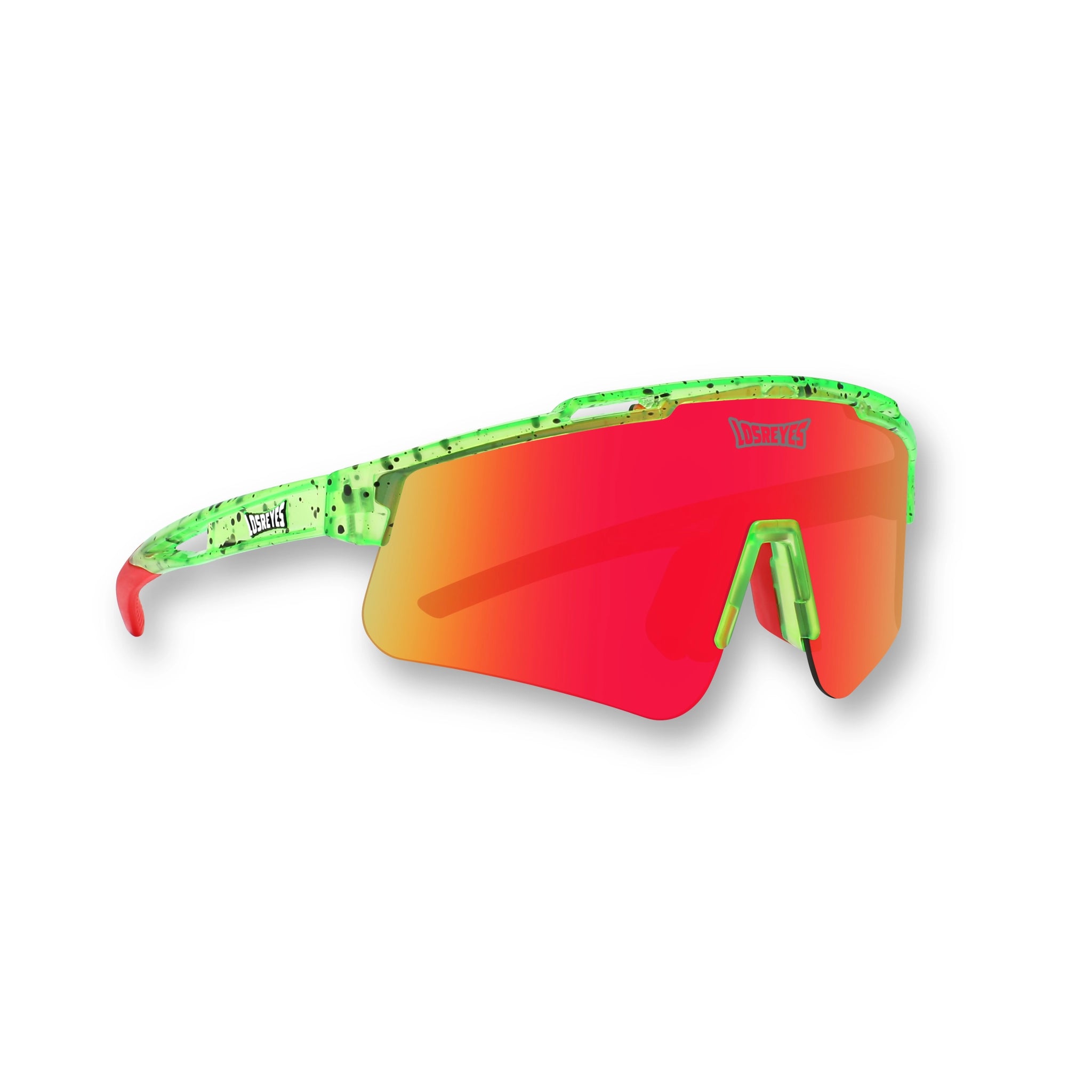 Side angle of LosReyes Prime Youth Watermelon sunglasses with red-orange mirrored shield lens, neon green speckled wraparound frame, UV400 protection, and bold youth athletic performance design ideal for baseball, cycling, and outdoor sports