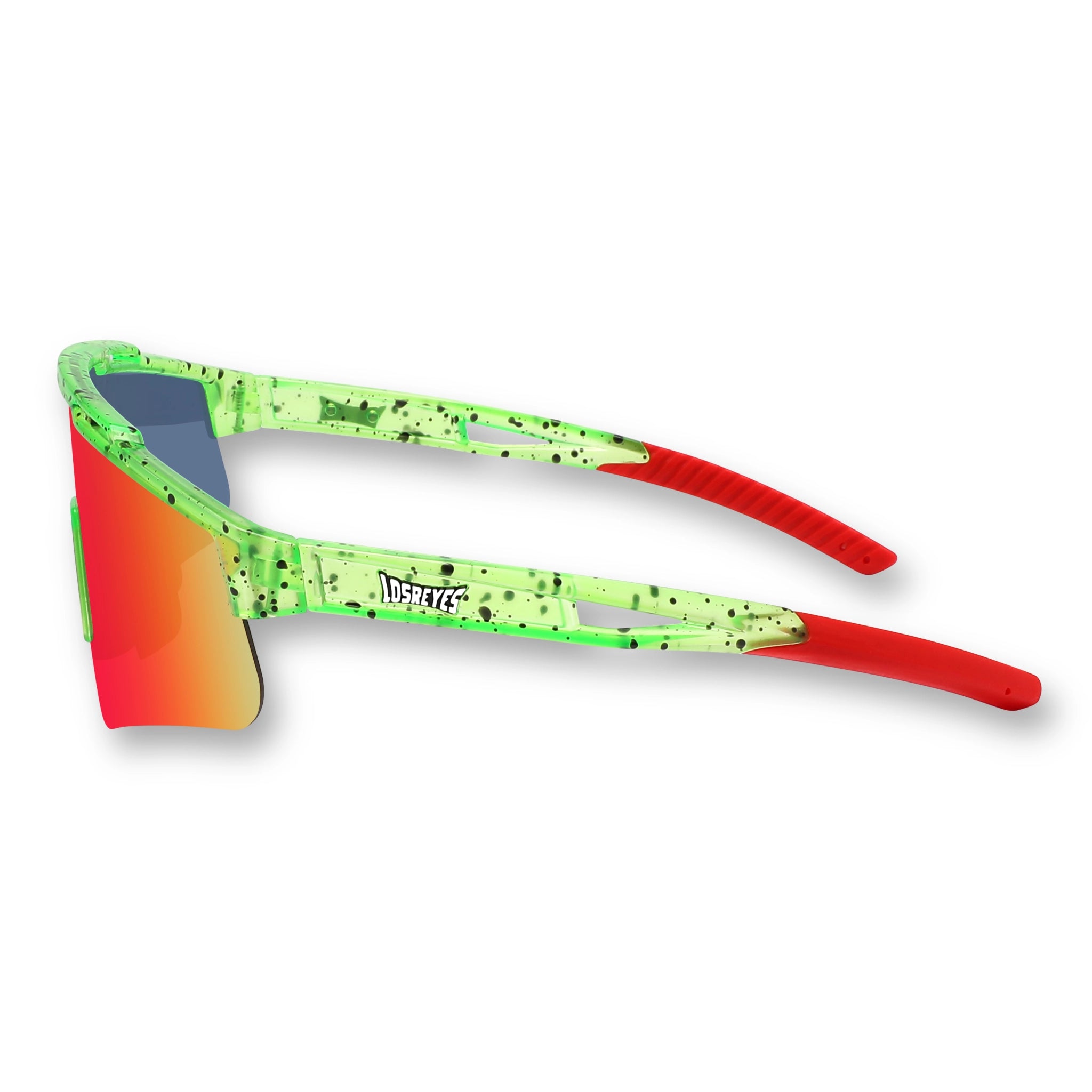 Side view of LosReyes Prime Youth Watermelon wraparound sports sunglasses for kids, featuring red mirrored shield lens, green and red splatter frame, and full UV400 eye protection.