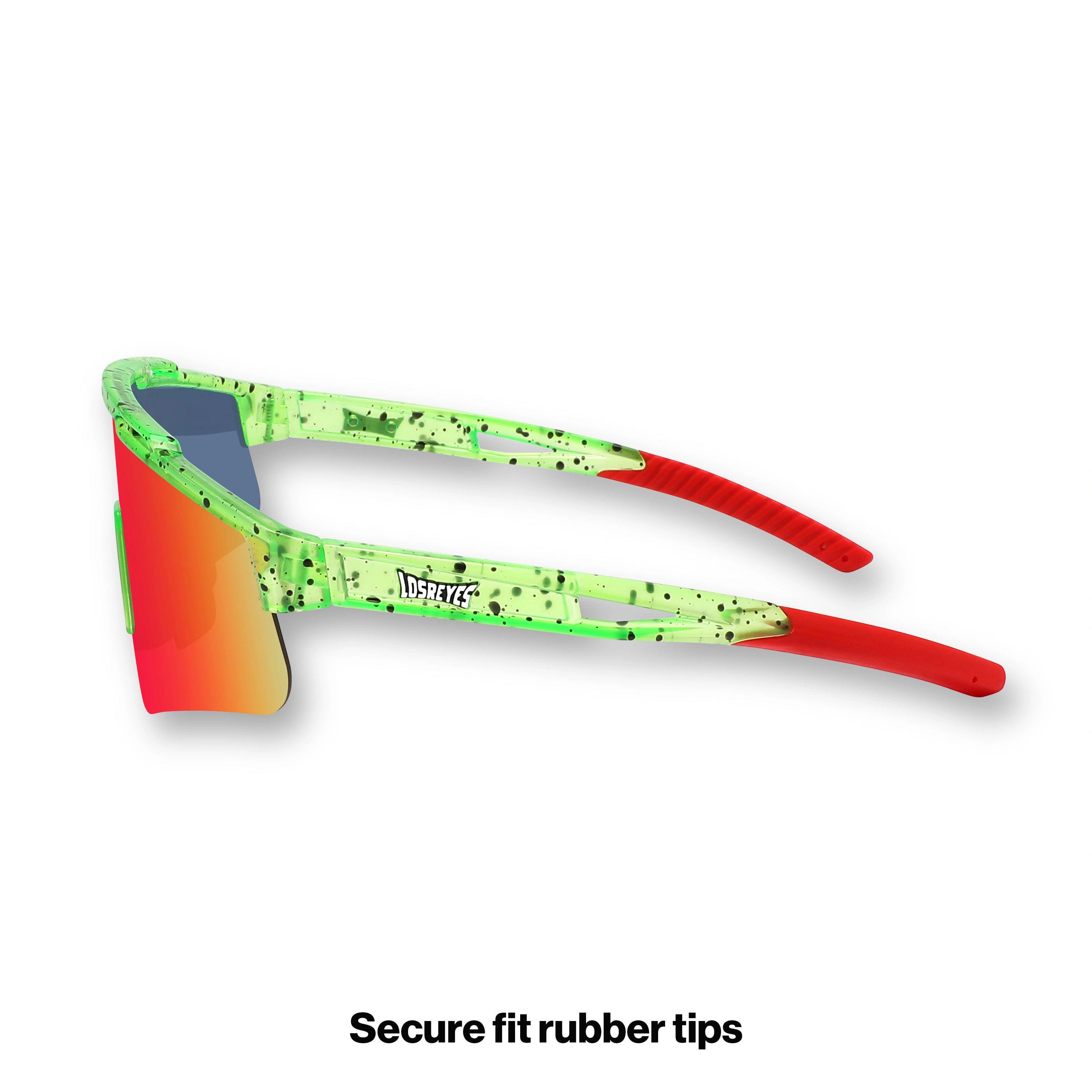 Side view of LosReyes Prime Youth Watermelon wraparound sports sunglasses for kids, featuring red mirrored shield lens, green and red splatter frame, and full UV400 eye protection.