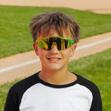 LosReyes PrimeYouth Candy Collection "Banana" youth sunglasses with UV400 protection on baseball field