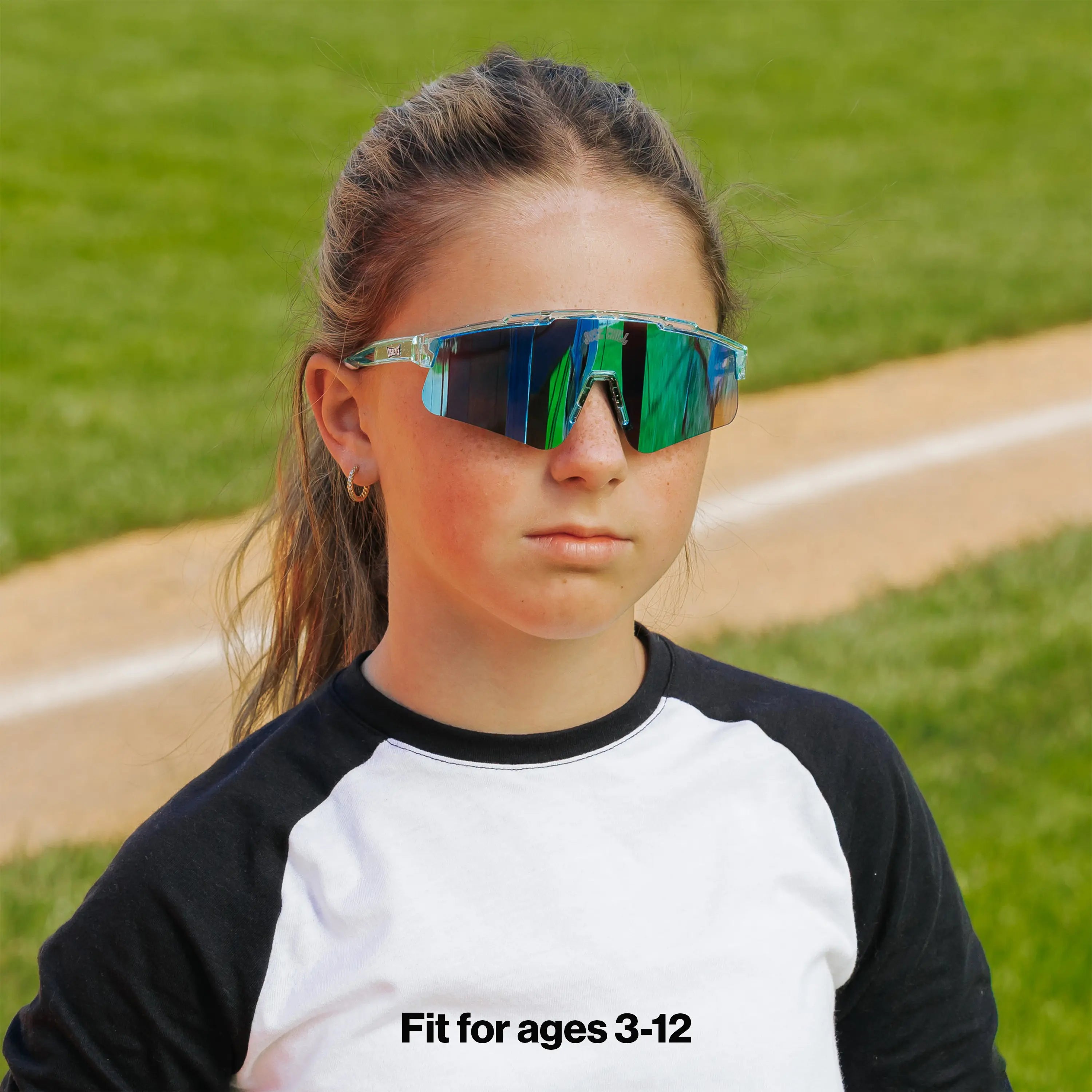 LosReyes PrimeYouth Candy Collection "Ice Cube" youth sunglasses with UV400 protection on baseball field