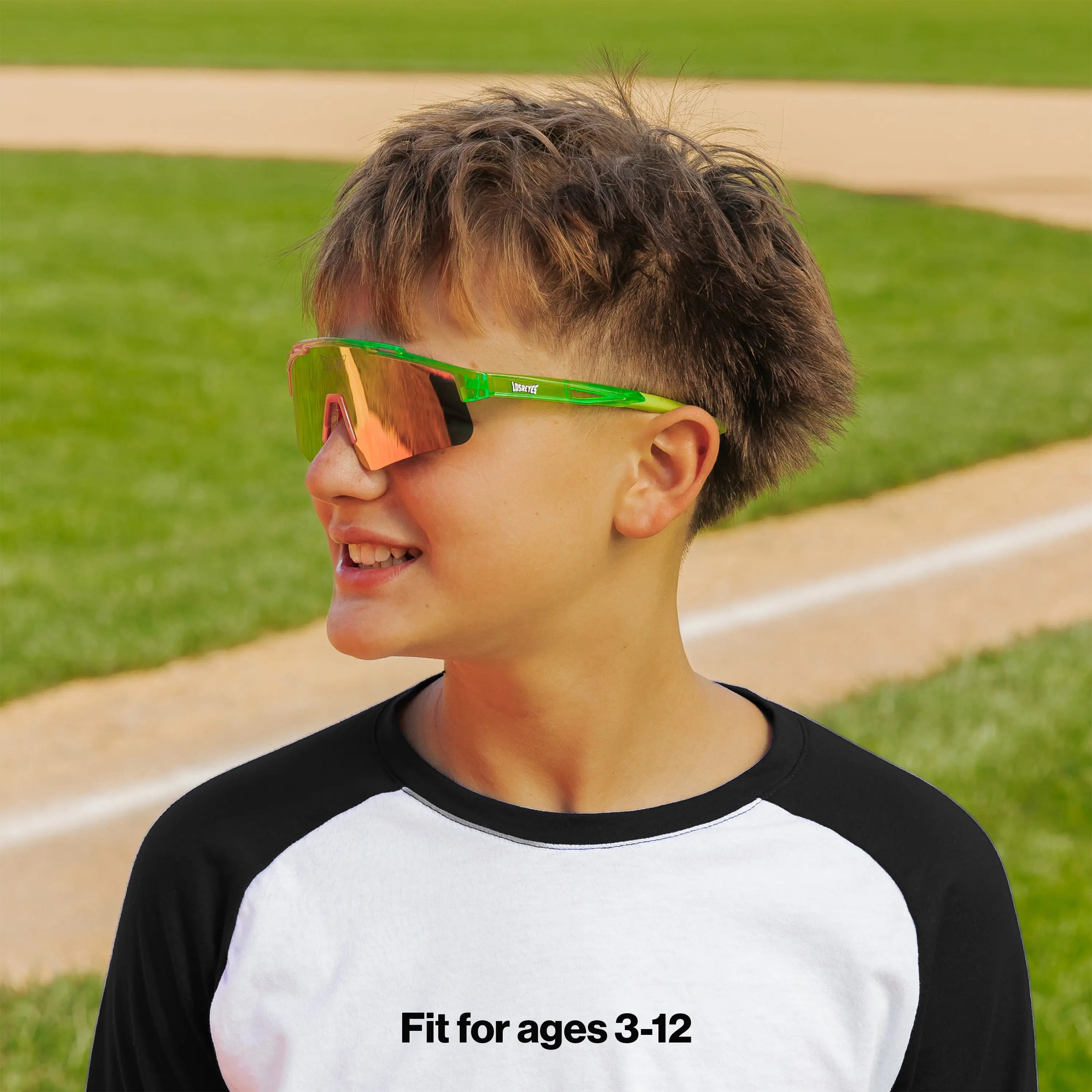 LosReyes PrimeYouth Candy Collection "Sour Apple" youth sunglasses with UV400 protection on baseball field