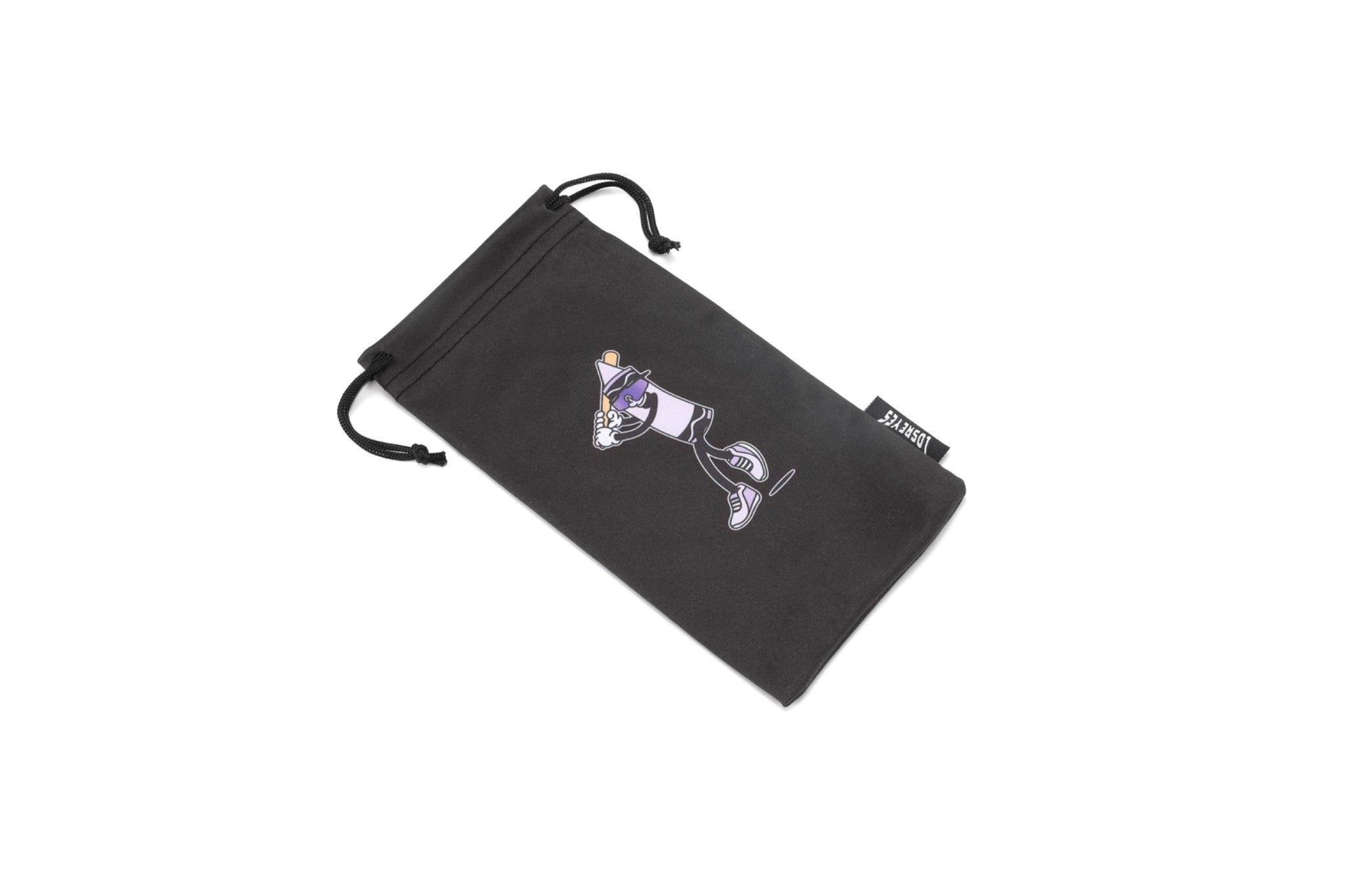 LosReyes soft pouch with a purple cartoon crayon swinging a baseball bat – stylish microfiber bag for eyewear