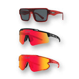 Three pairs of LosReyes red unglasses with red and black frames on a white background
