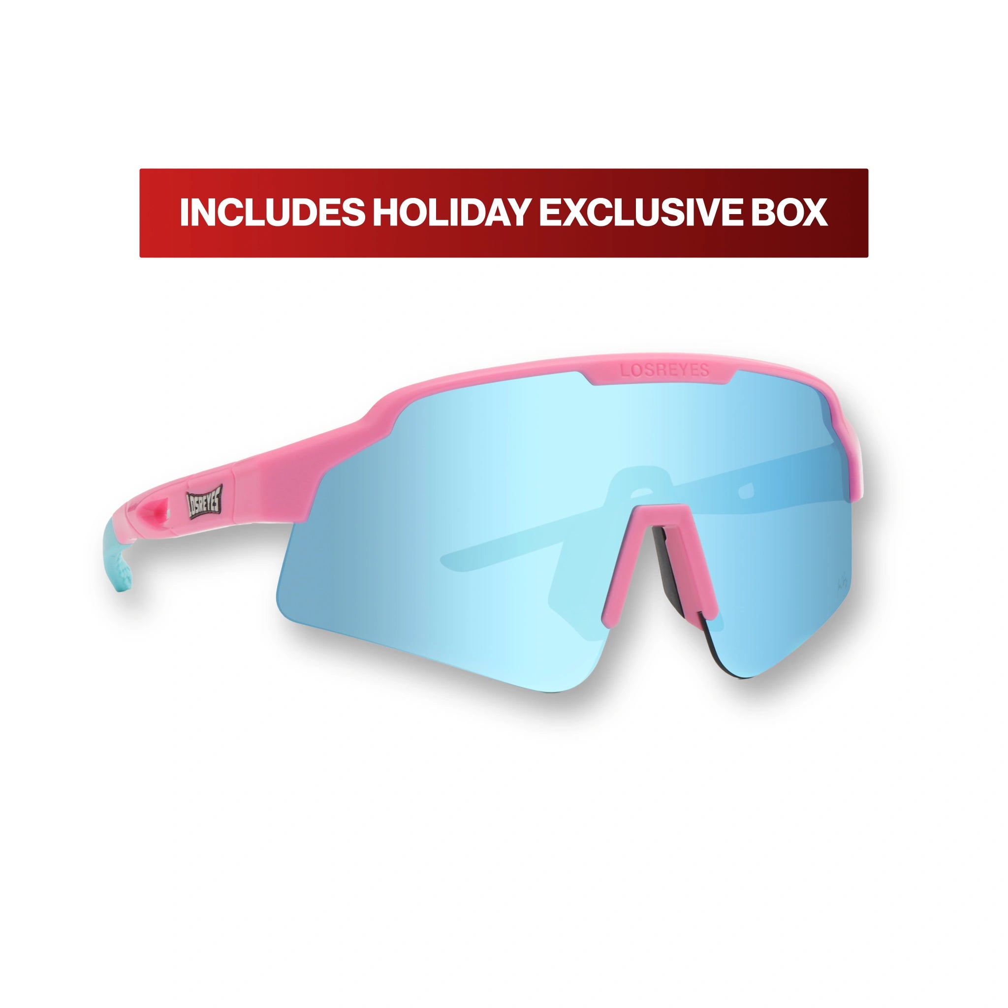 Front view of LosReyes Showtime Max Clark Original pink and blue sports sunglasses featuring UV400 mirrored blue shield lens, aerodynamic frame design, and signature baseball performance optics.