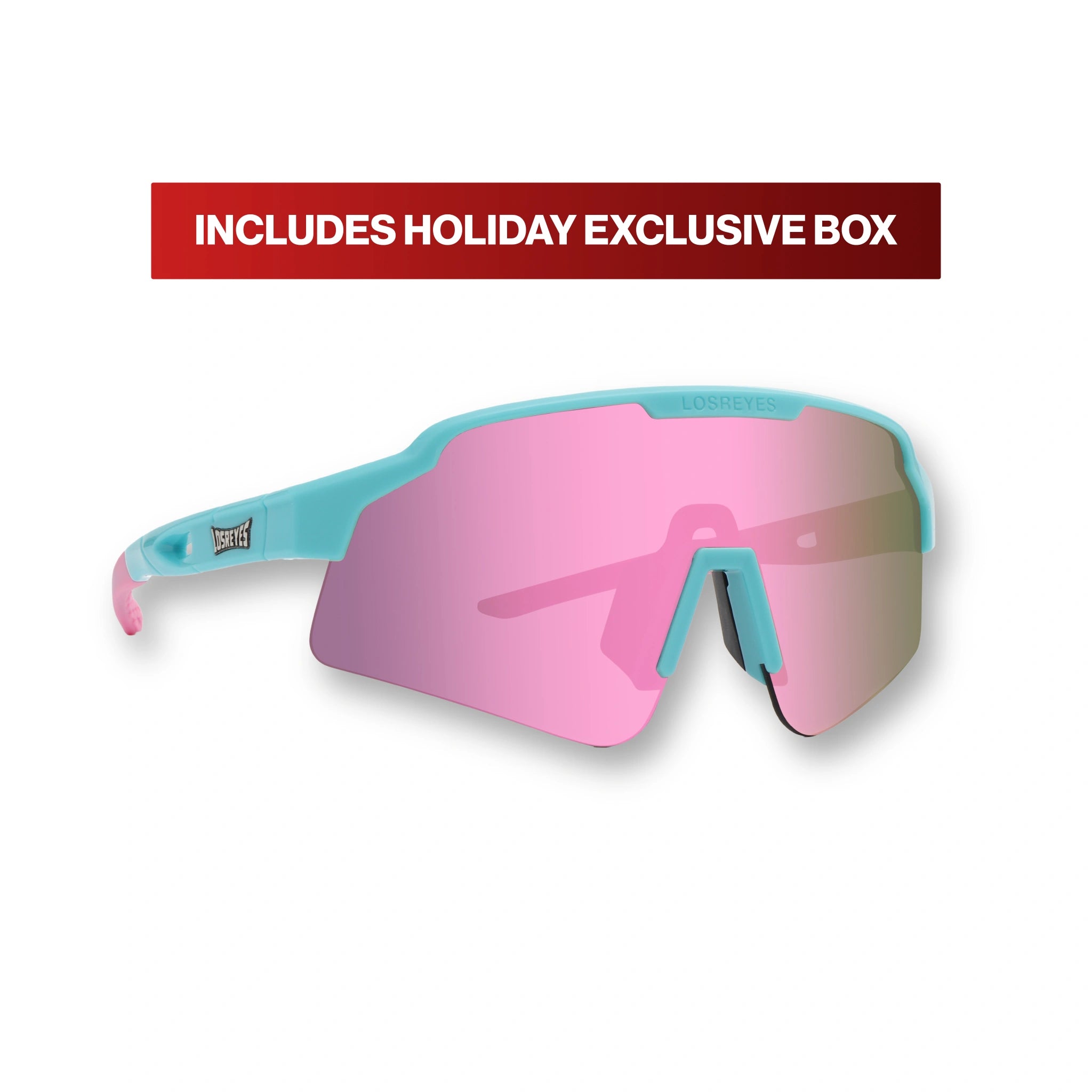 Front view of LosReyes Showtime Max Clark Reversed sports sunglasses featuring pink mirrored lens, matte blue and pink wraparound frame, and lightweight performance design for baseball or active youth athletes.