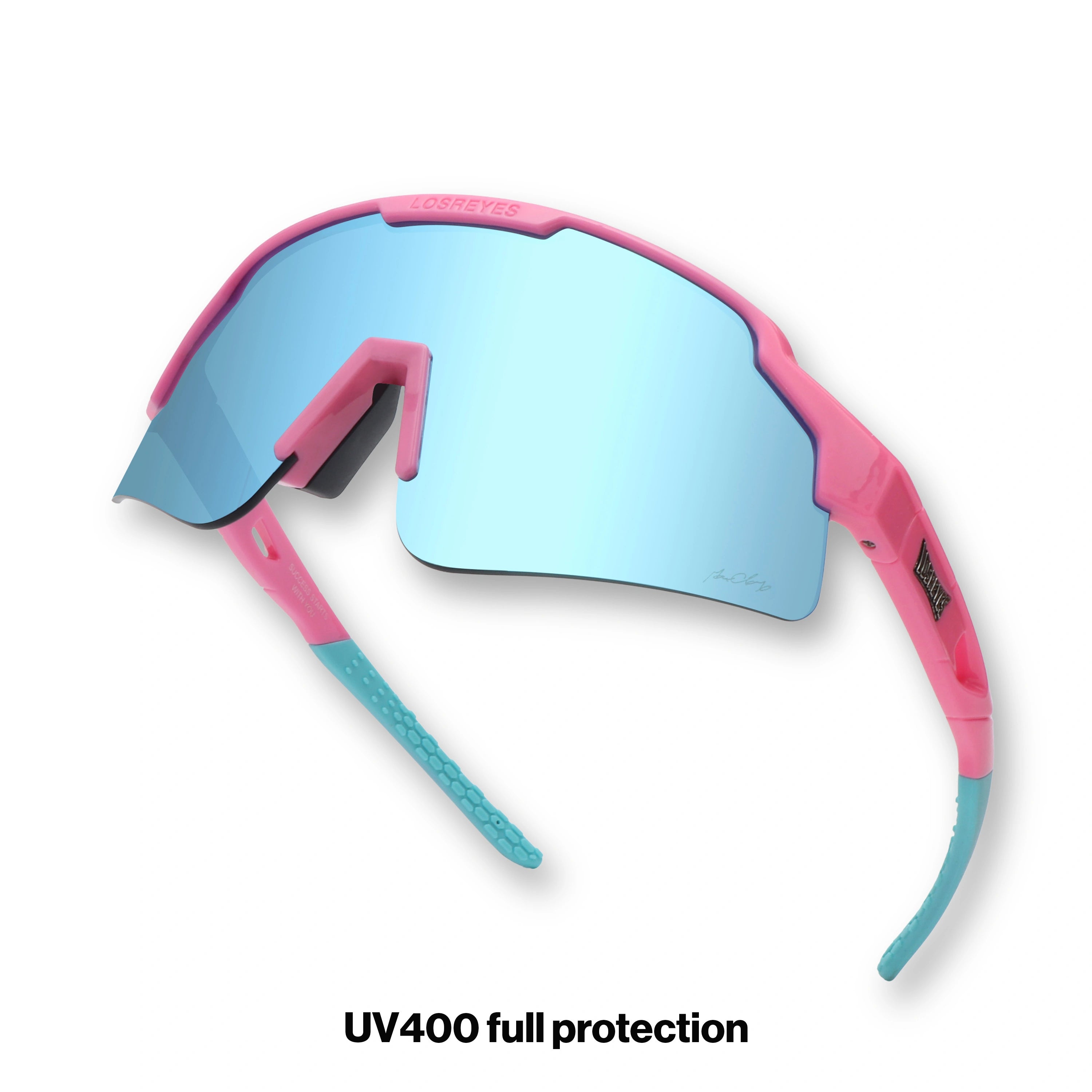 Hero angle of LosReyes Showtime Vice blue and pink sports sunglasses with mirrored blue wraparound shield lens, high-contrast grip tips.