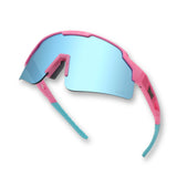 Hero angle of LosReyes Showtime Vice blue and pink sports sunglasses with mirrored blue wraparound shield lens, high-contrast grip tips.