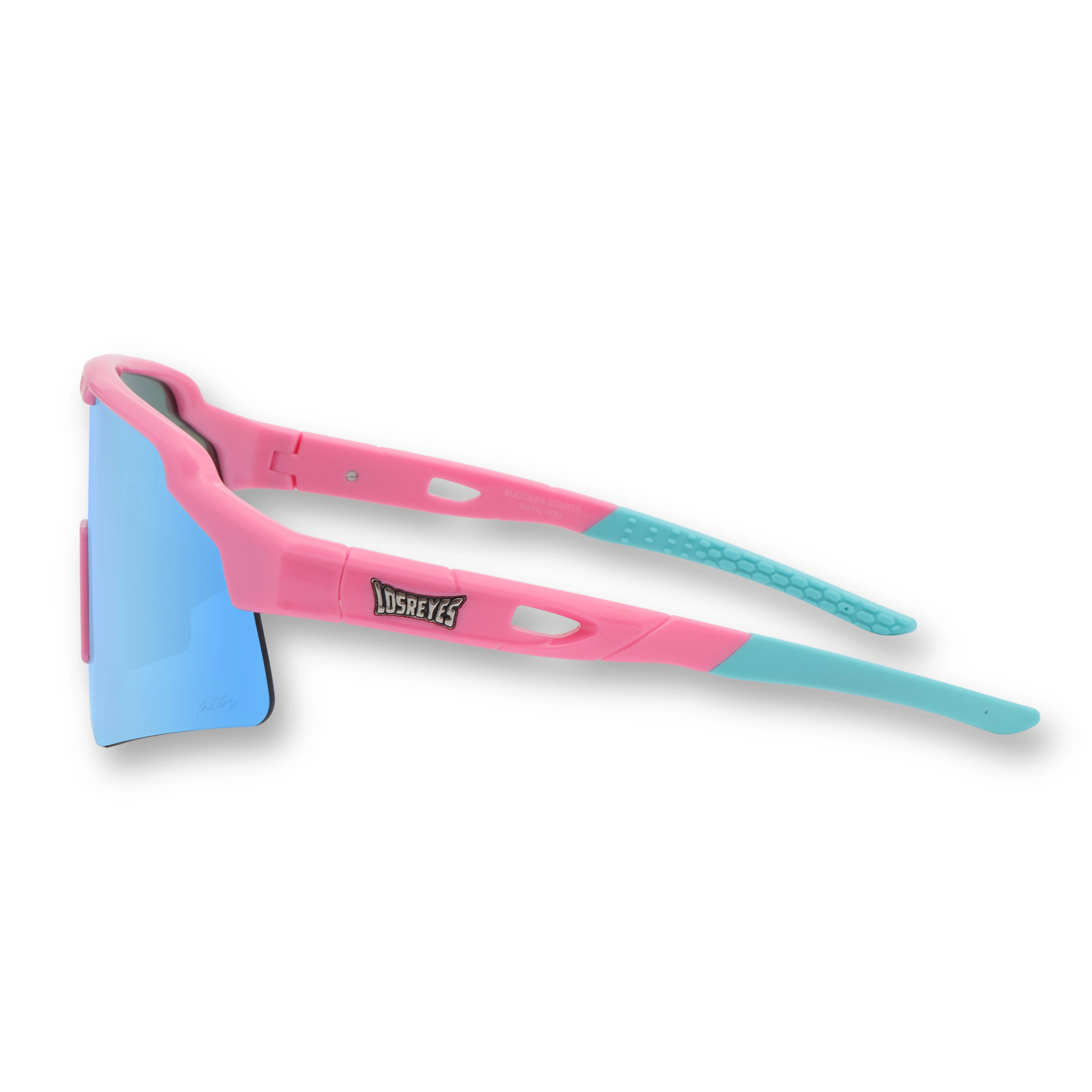 Side view of LosReyes Showtime Vice pink and blue sports sunglasses showing wide peripheral lens coverage, laser-cut ventilation, and rubberized performance temple arms.