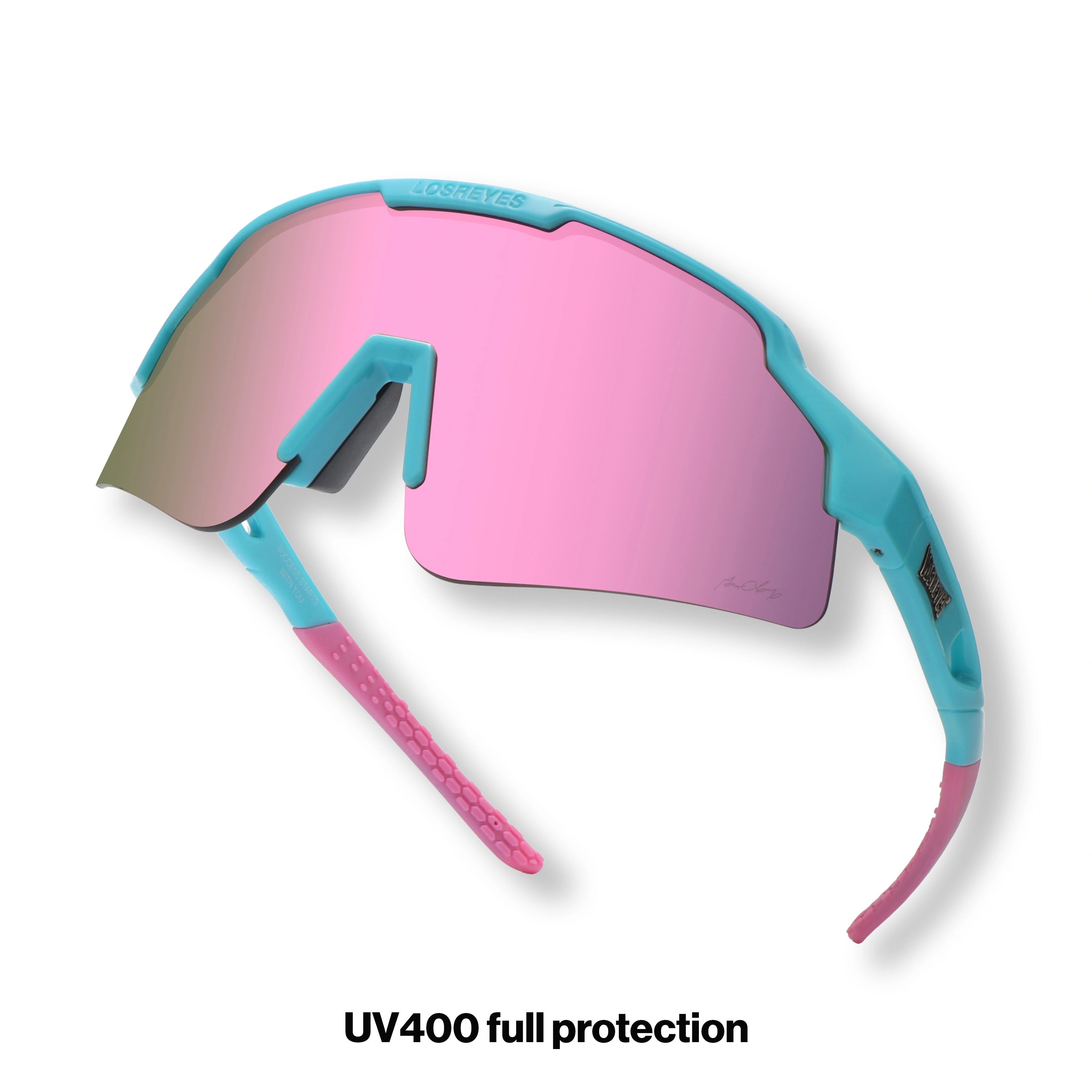 Hero angle of LosReyes Showtime vice Reversed youth performance sunglasses with pink gradient shield lens and ergonomic wrap fit built for speed, protection, and UV400 coverage.