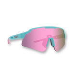 Front view of LosReyes Showtime Vice Reversed sports sunglasses featuring pink mirrored lens, matte blue and pink wraparound frame, and lightweight performance design for cycling.