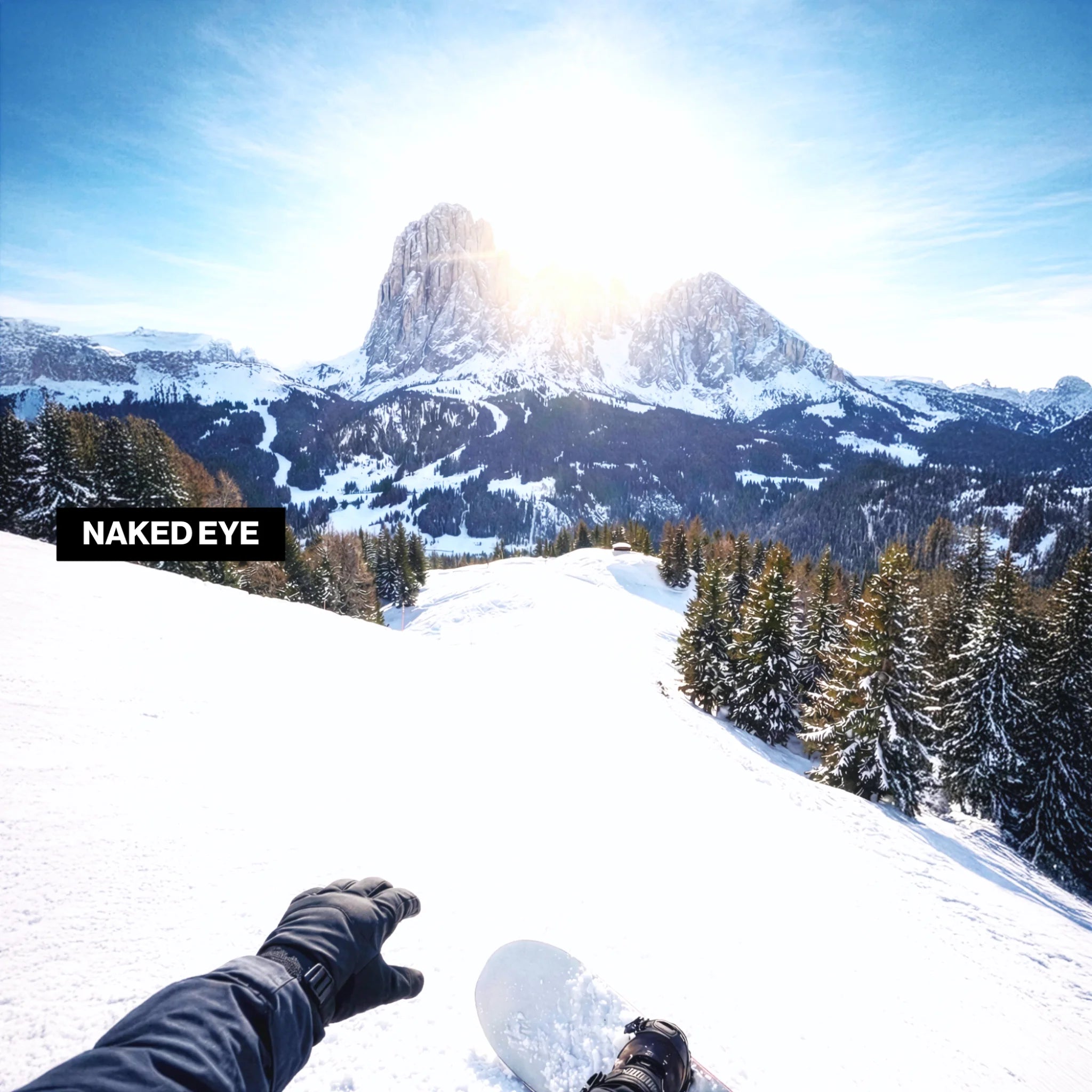 Snowboarding view without goggles, showing bright glare and lower contrast on a snowy mountain slope.
