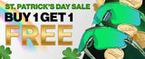 St. Patrick’s Day Buy 1 Get 1 Free sale banner for LosReyes sunglasses with green mirrored lenses, gold coins and Shop Now call to action.