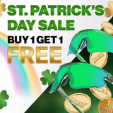 LosReyes St. Patrick’s Day Sale graphic featuring green sunglasses, Buy 1 Get 1 Free BOGO offer, gold coins, shamrocks and rainbow background.