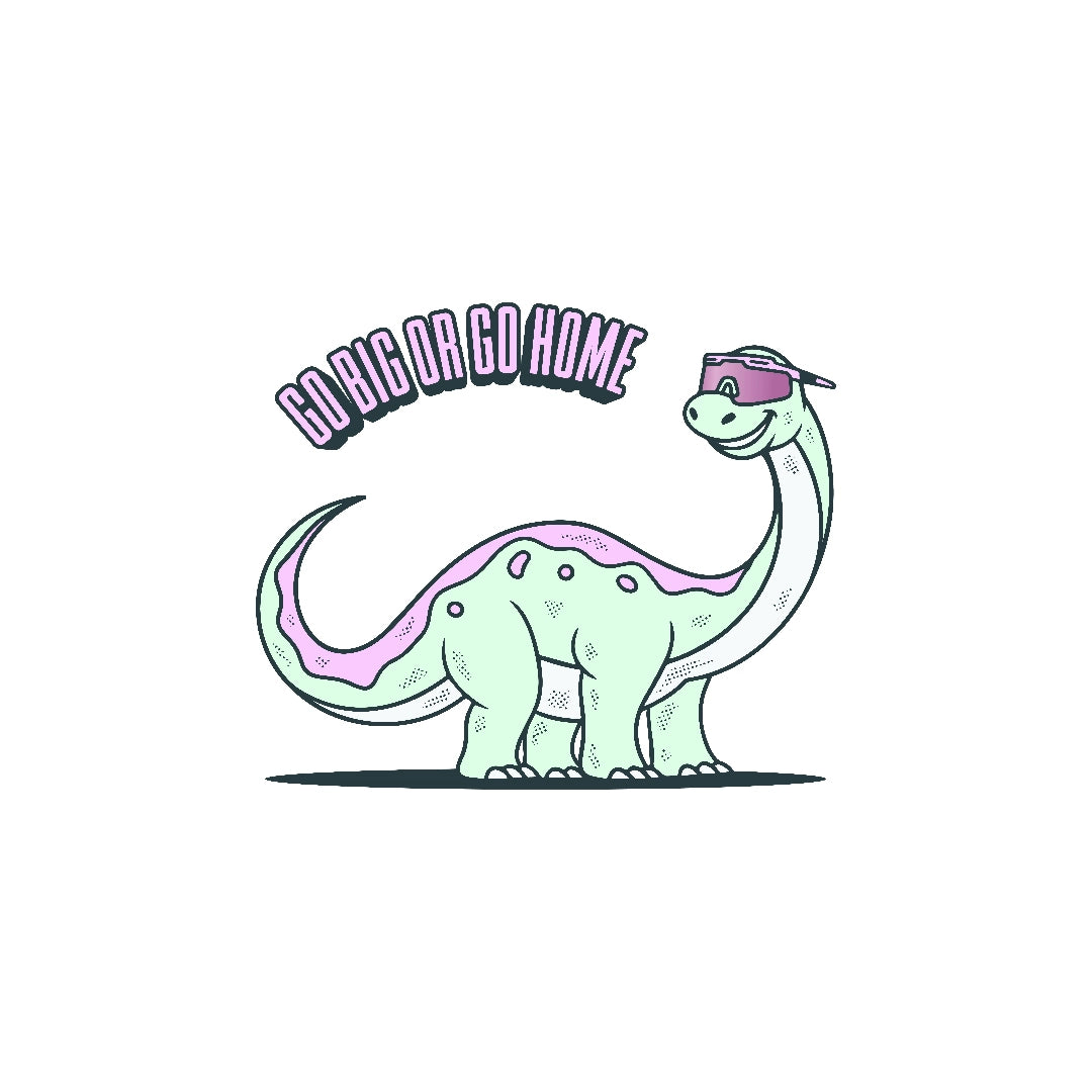 Cartoon Brontosaurus from the LosReyes Jurassic sticker collection in pastel green and purple, wearing wraparound sports sunglasses with the phrase 'Go Big or Go Home' above — perfect for collectible fans, sporty sticker lovers, and bold statement designs