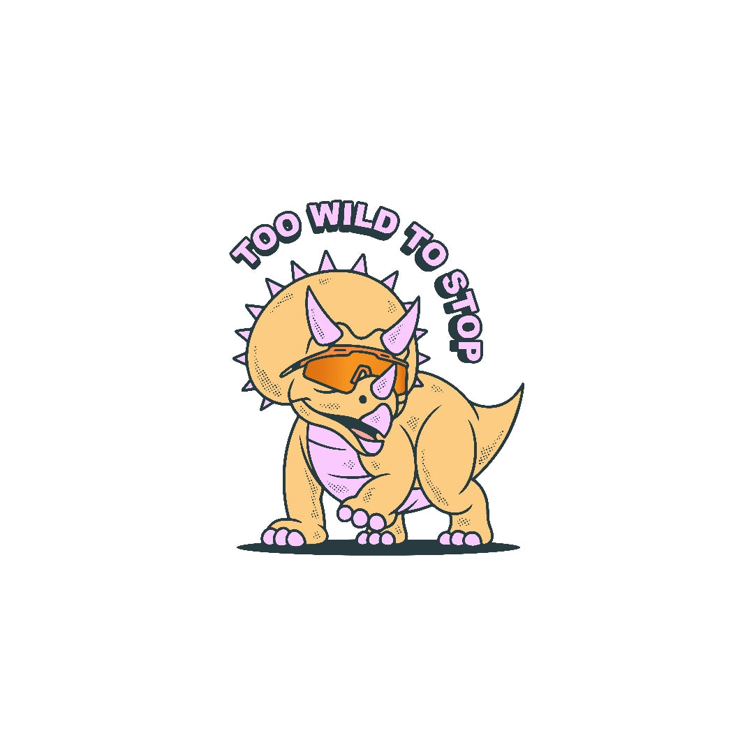 Bold cartoon triceratops from the LosReyes Jurassic sticker series in a wild orange and lavender palette, rocking mirrored performance sunglasses with the phrase 'Too Wild to Stop' above — the ultimate dino sticker for athletes, dreamers, and collectors