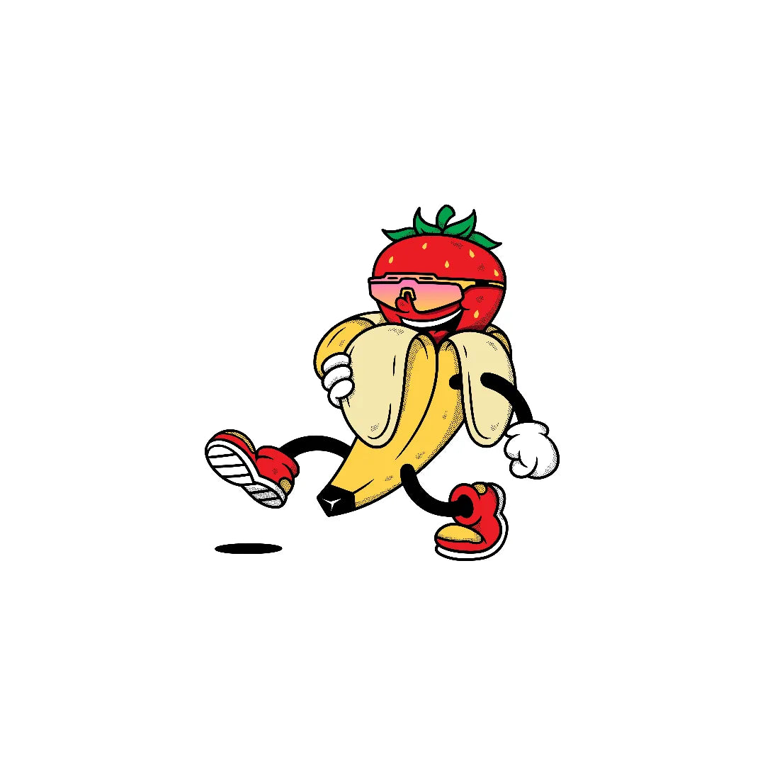 Dancing strawberry and banana characters from LosReyes wearing sports sunglasses — fun fruit sticker pair with athletic shoes and playful energy, perfect for customizing water bottles, tech cases, and notebooks