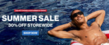 LosReyes Summer Sale banner with 30% off storewide, man relaxing in pool wearing black wraparound performance sunglasses
