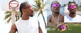 Collage of athletes and models wearing pink Los Reyes polarized sports sunglasses with UV protection, durable shades for basketball, baseball, and outdoor active sports lifestyle