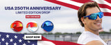 LosReyes USA 250th Anniversary limited edition drop banner featuring Edge, Showtime, and Prime red, white, and blue sunglasses, only 250 made